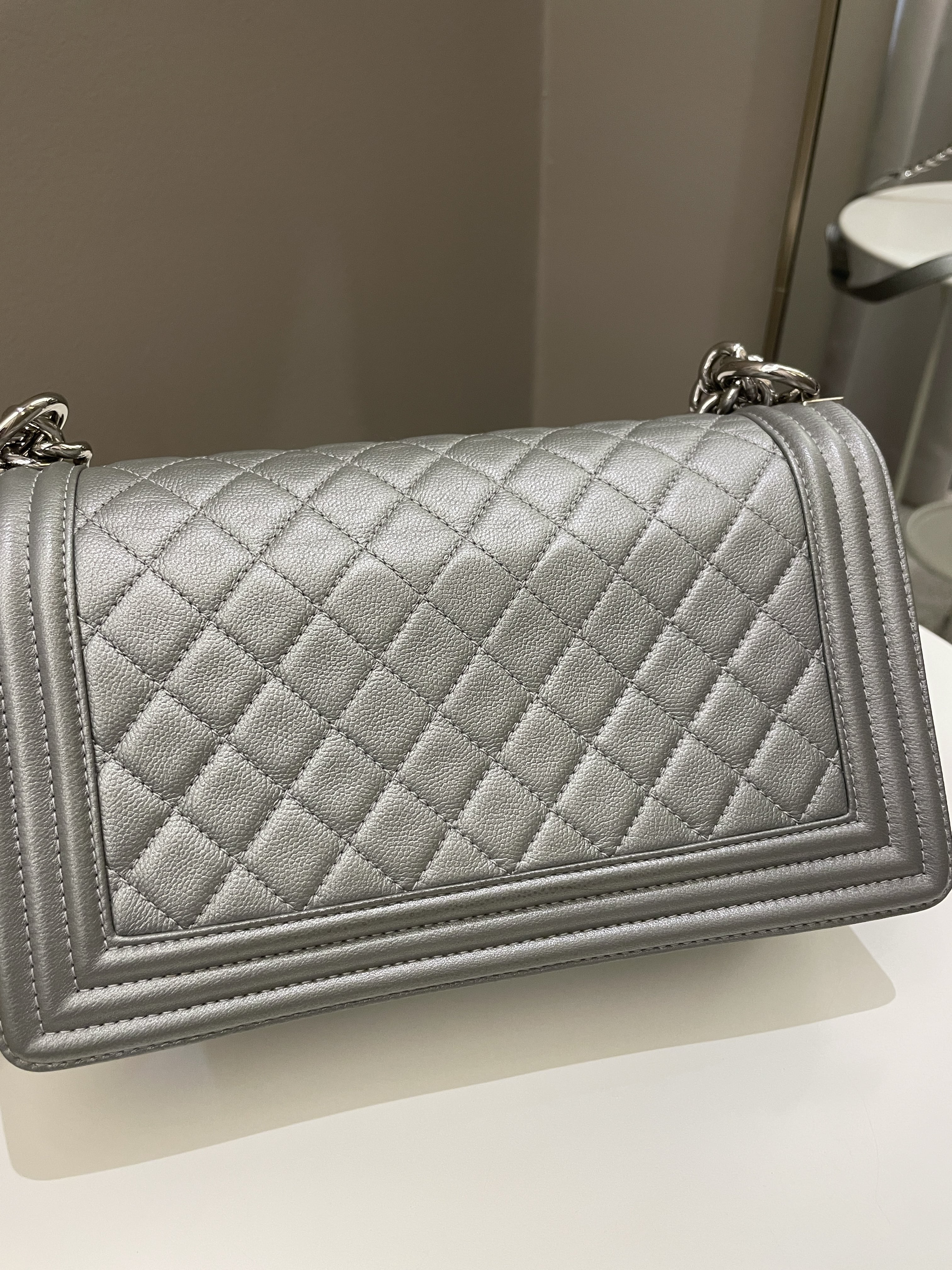 Chanel Quilted Boy Old Medium Silver Grey Caviar