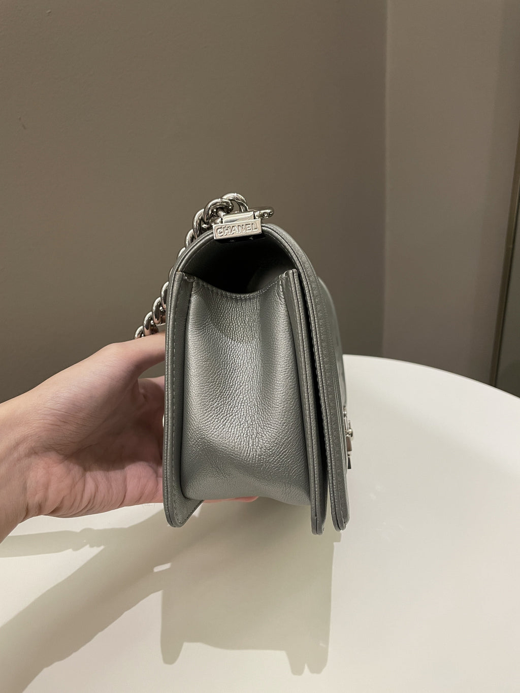 Chanel Quilted Boy Old Medium Silver Grey Caviar