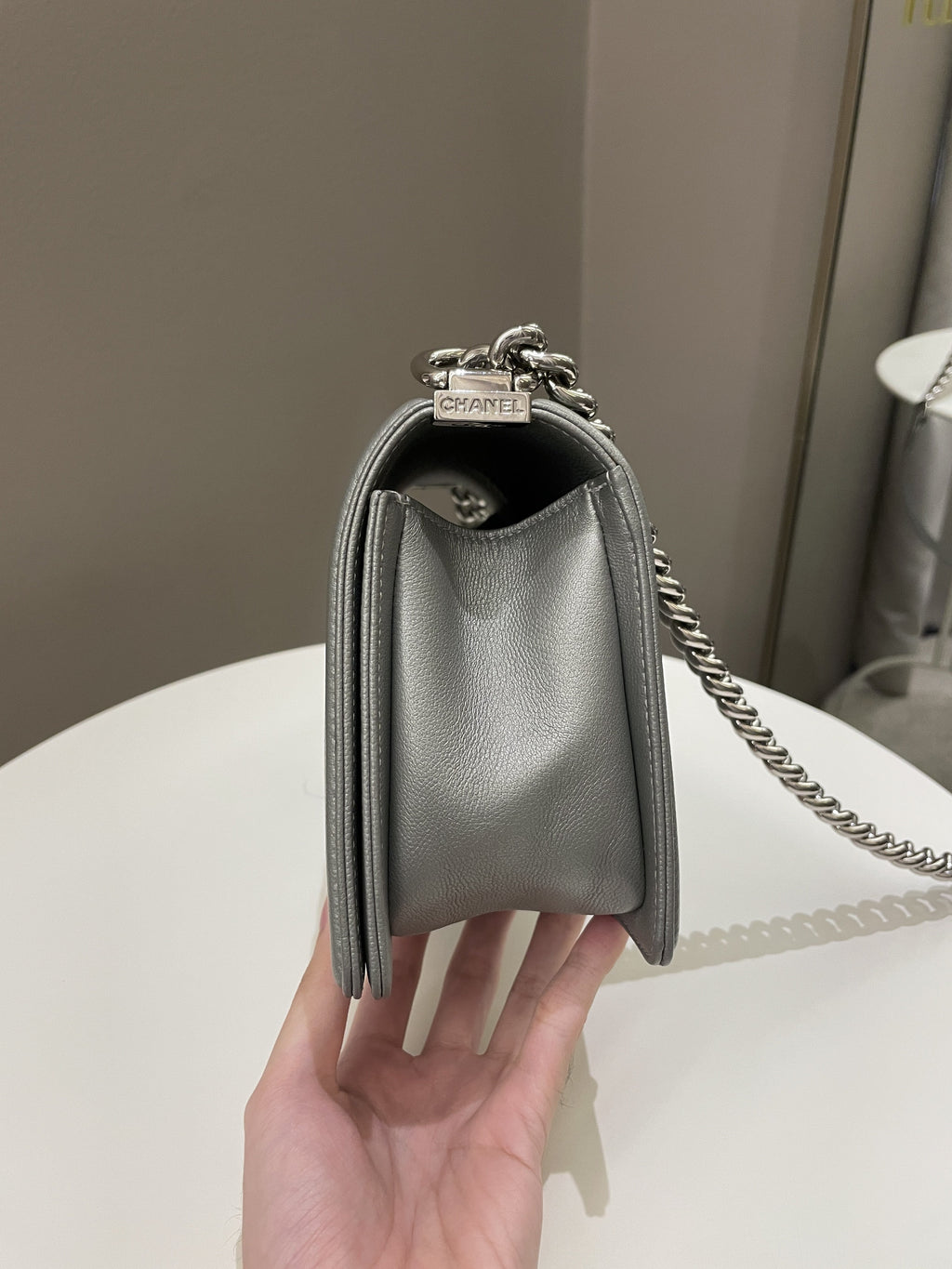 Chanel Quilted Boy Old Medium Silver Grey Caviar
