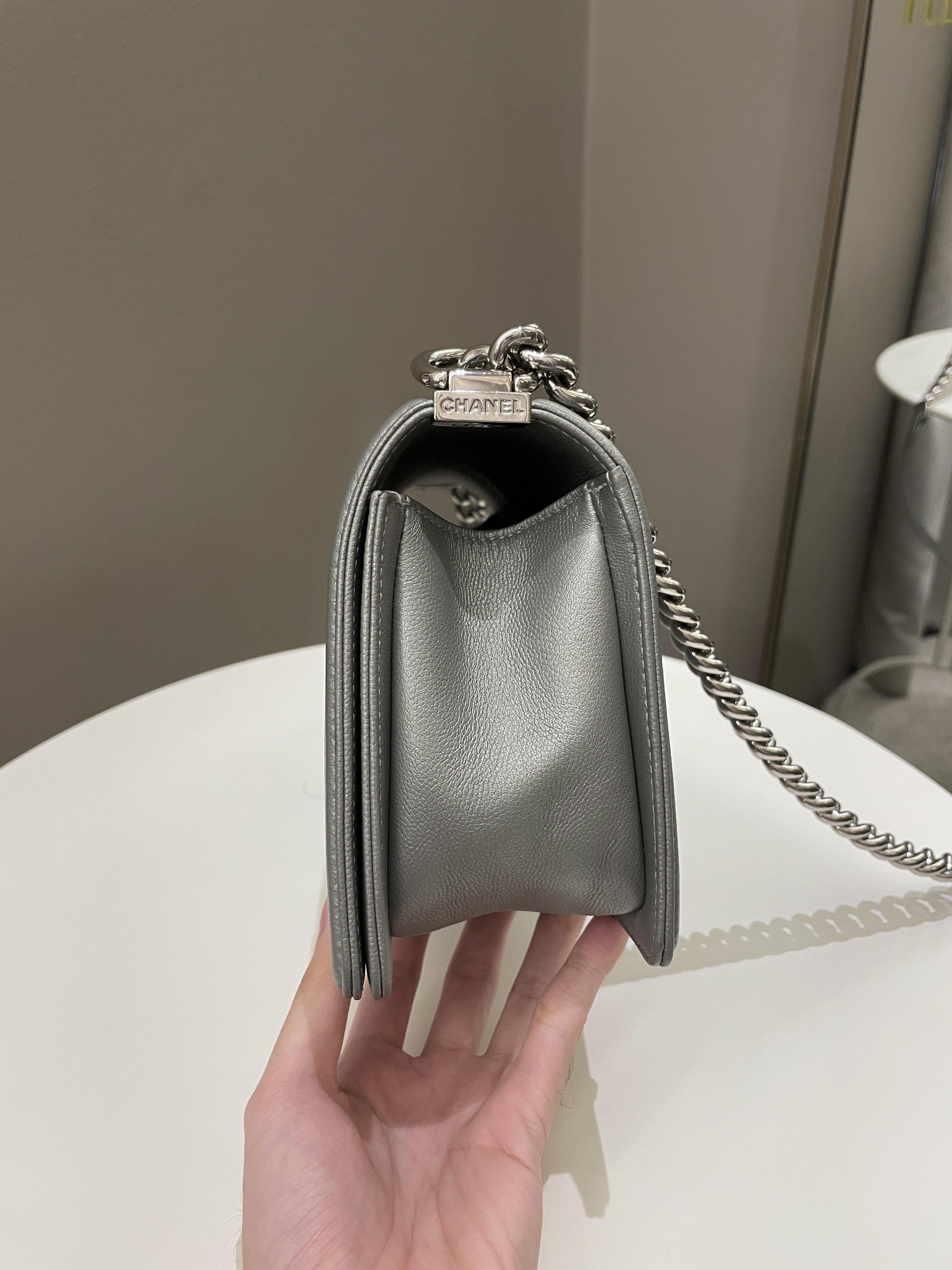 Chanel Quilted Boy Old Medium Silver Grey Caviar