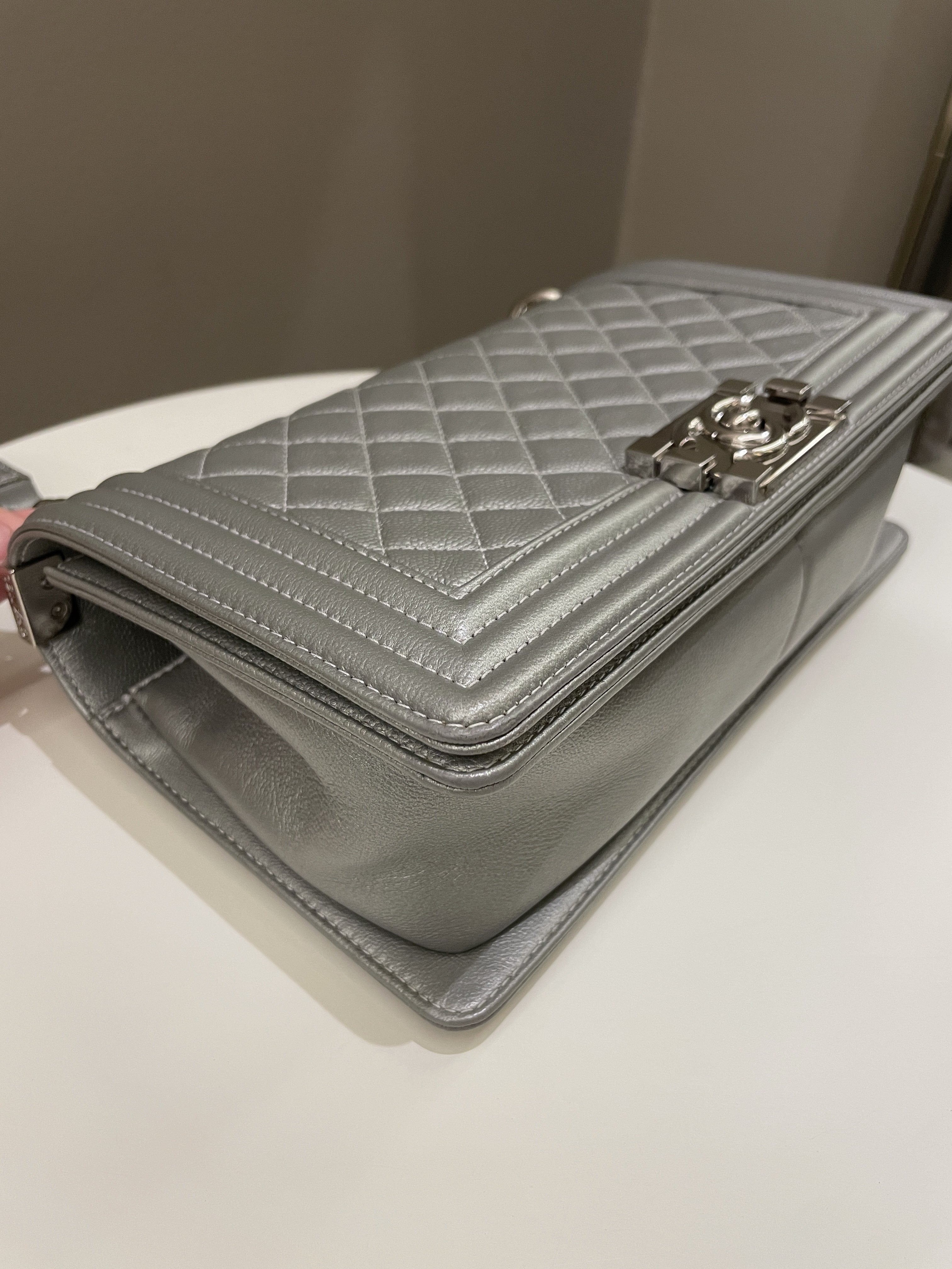Chanel Quilted Boy Old Medium Silver Grey Caviar