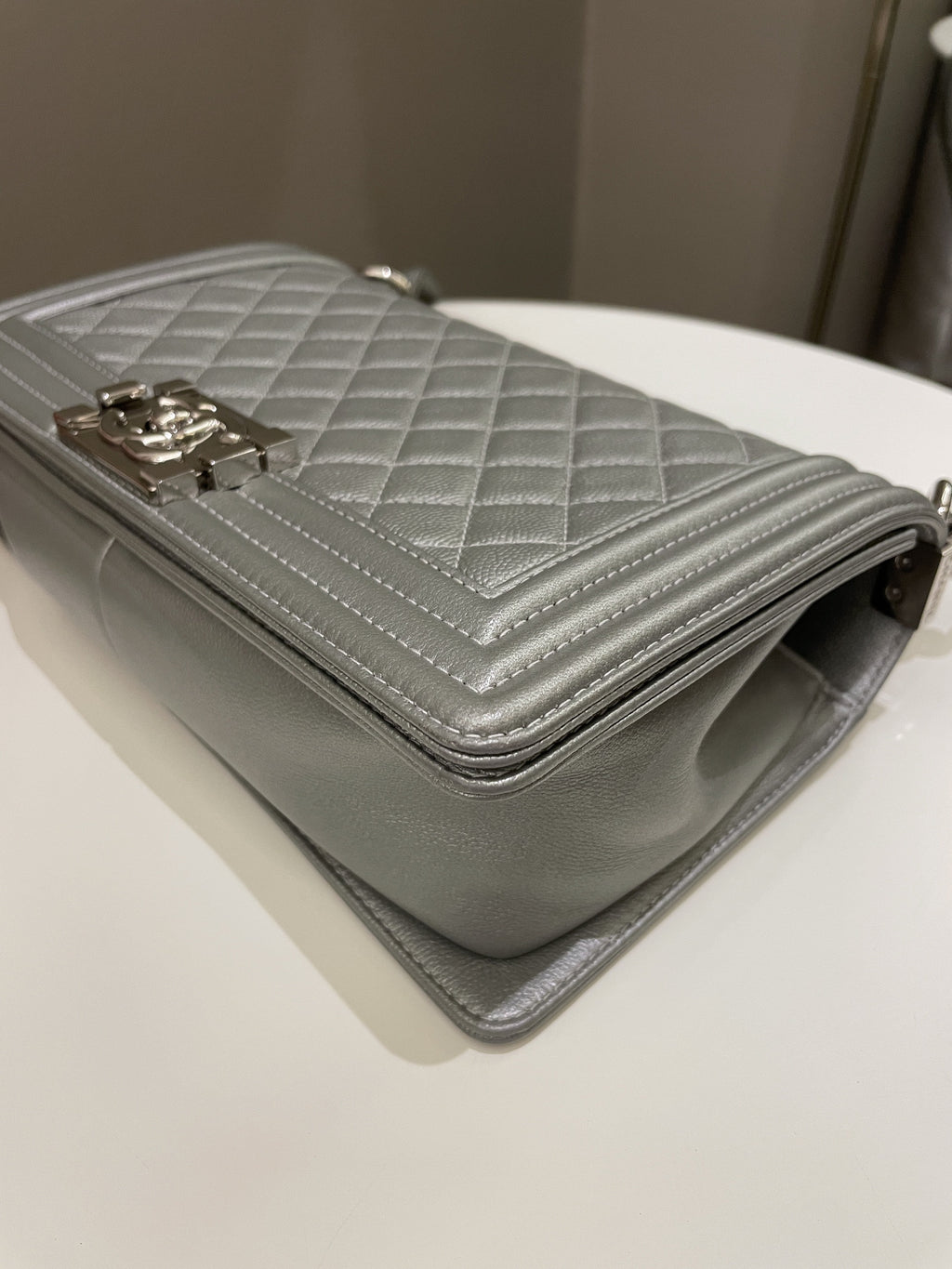 Chanel Quilted Boy Old Medium Silver Grey Caviar
