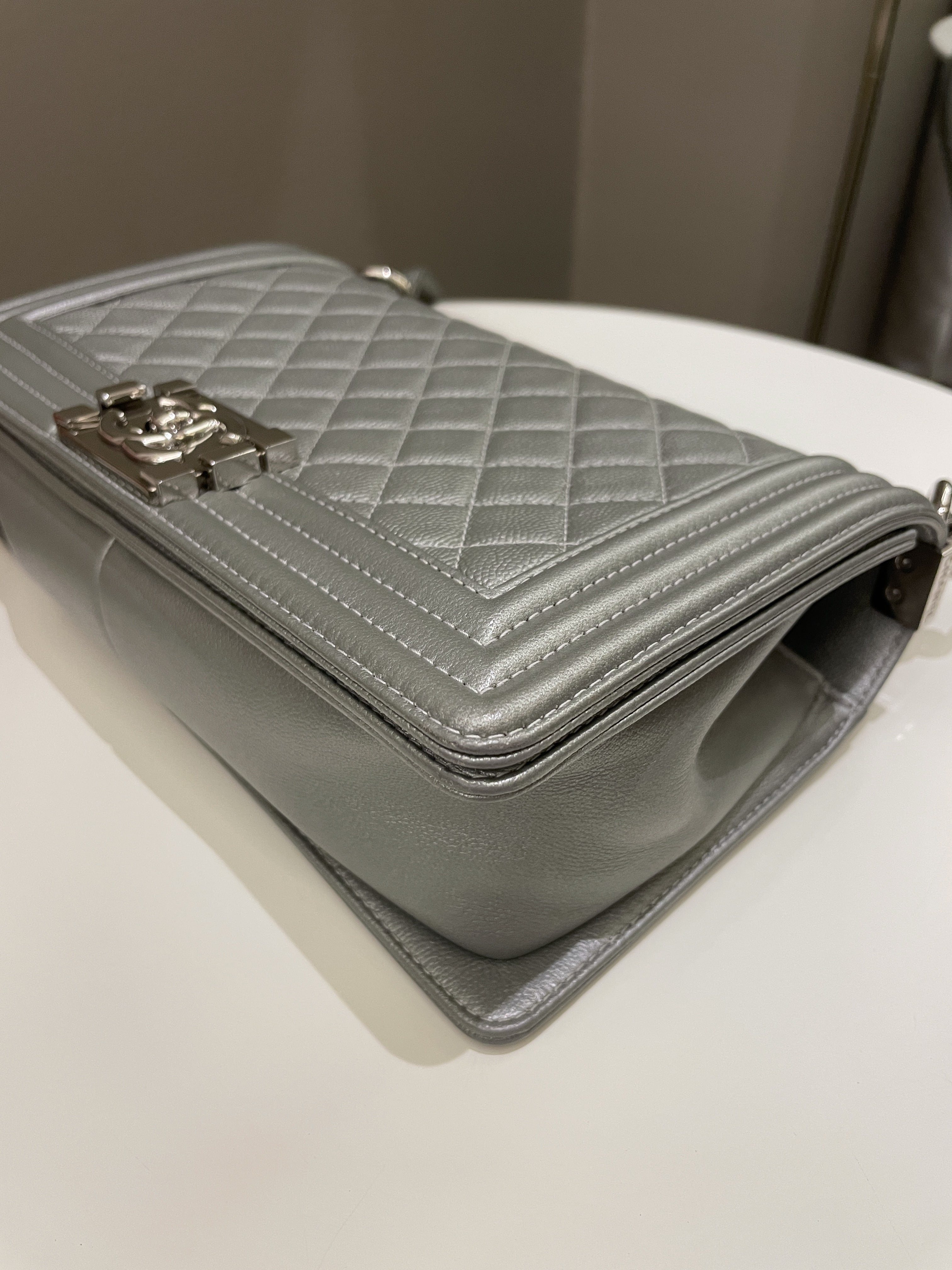 Chanel Quilted Boy Old Medium Silver Grey Caviar