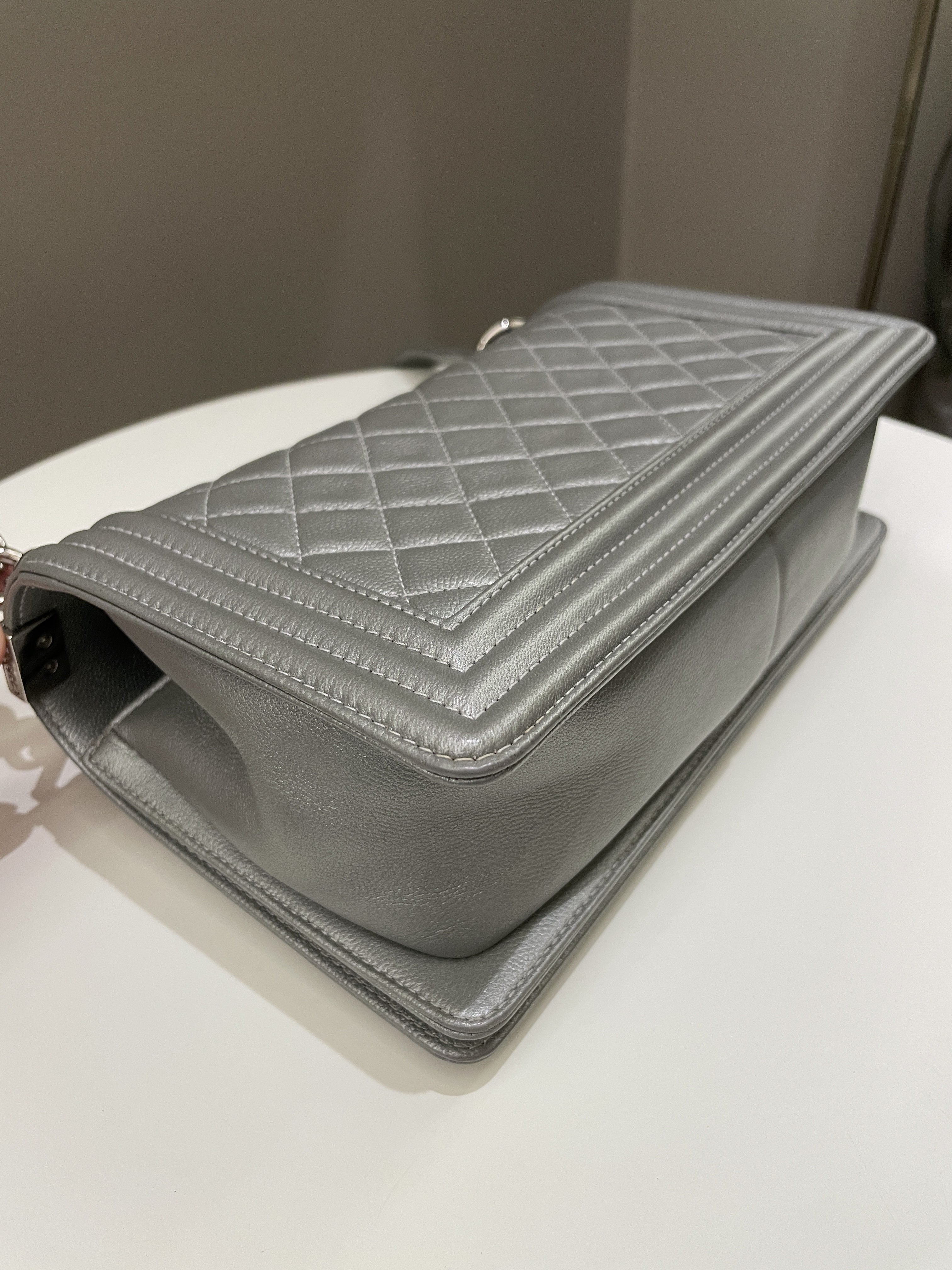 Chanel Quilted Boy Old Medium Silver Grey Caviar