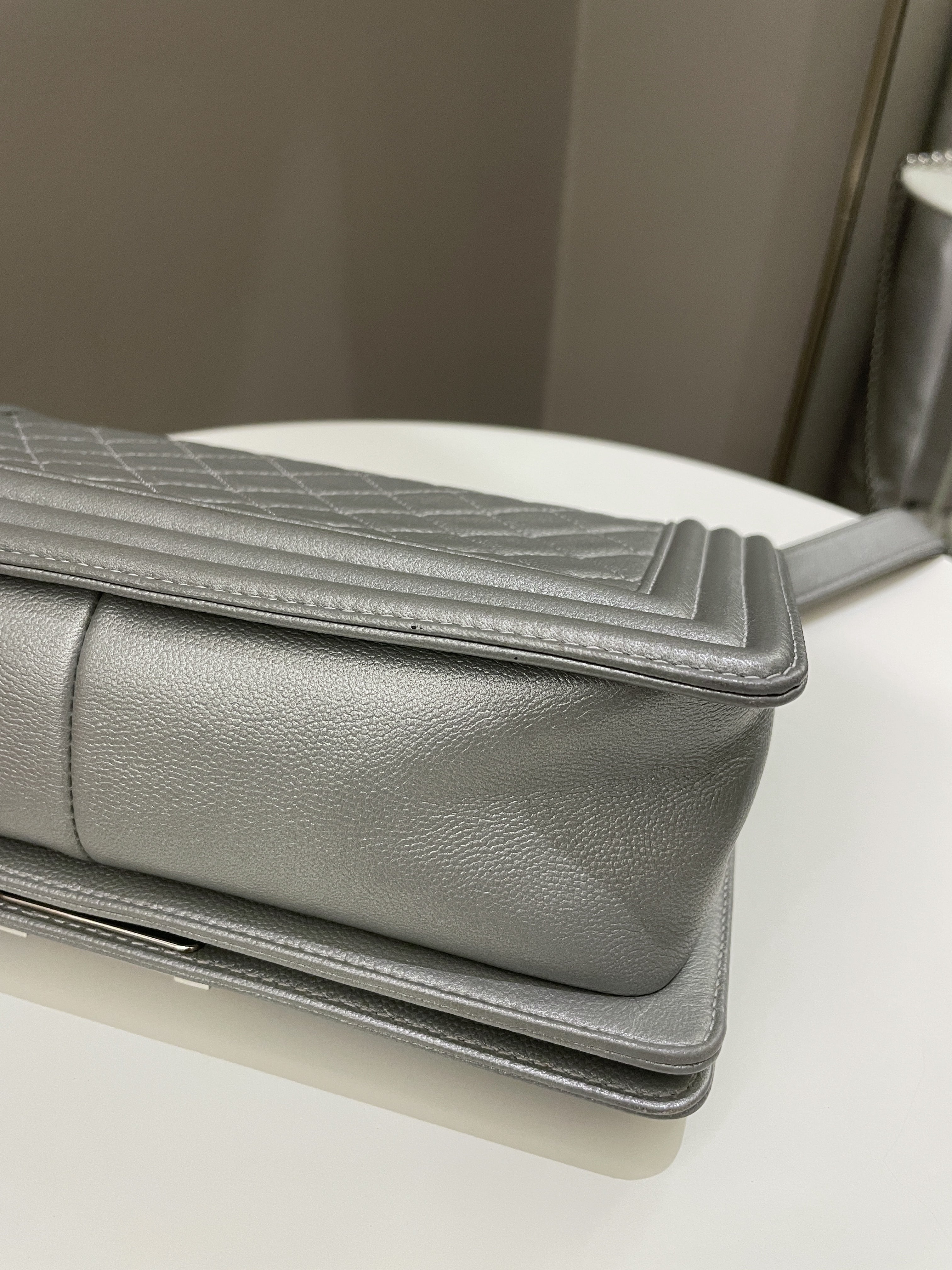 Chanel Quilted Boy Old Medium Silver Grey Caviar