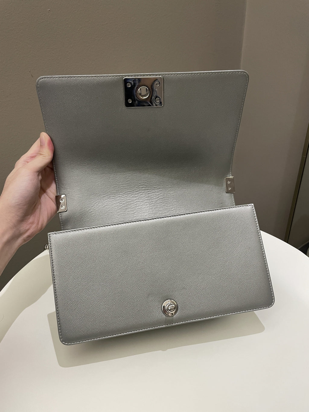 Chanel Quilted Boy Old Medium Silver Grey Caviar