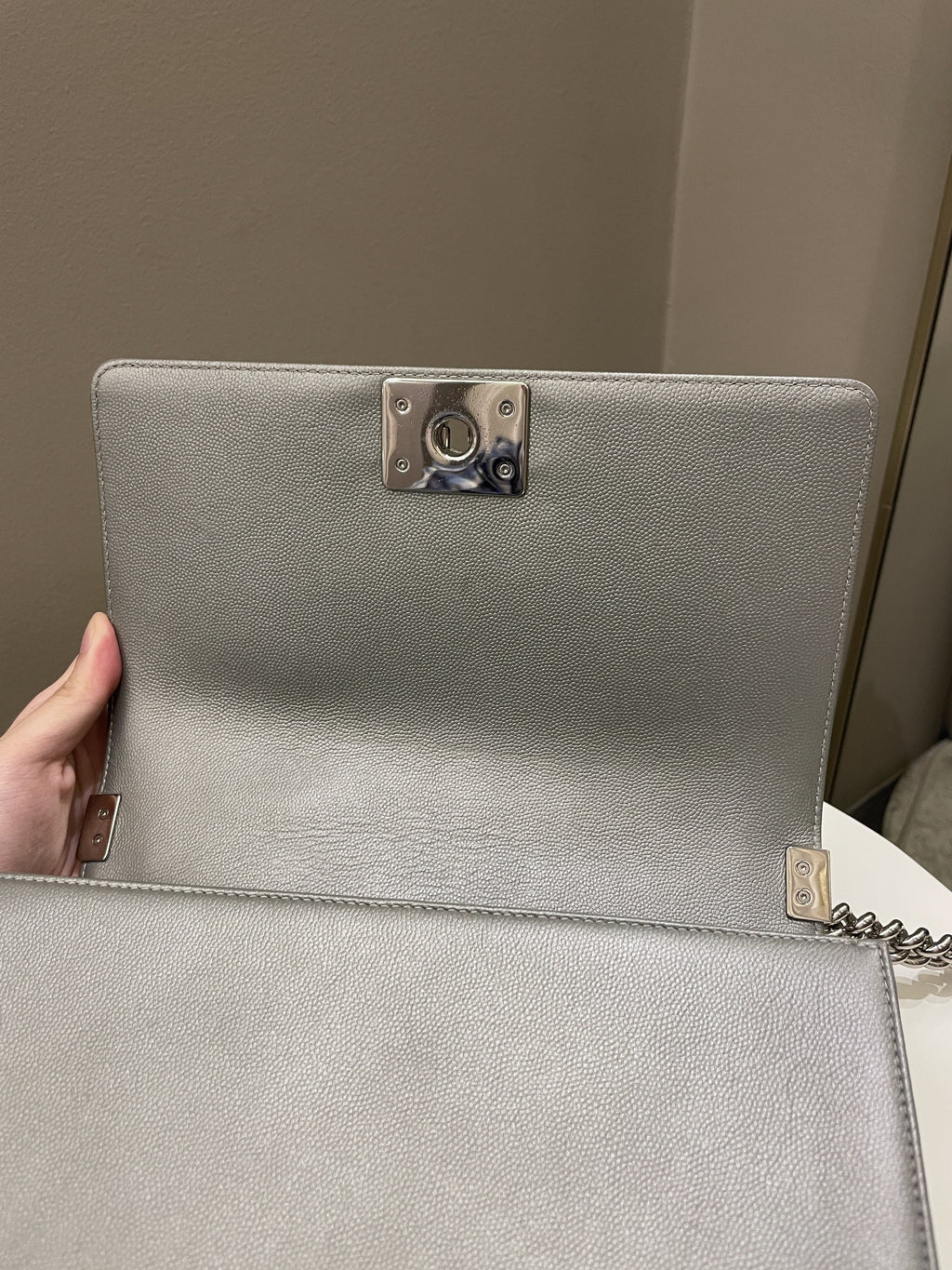 Chanel Quilted Boy Old Medium Silver Grey Caviar