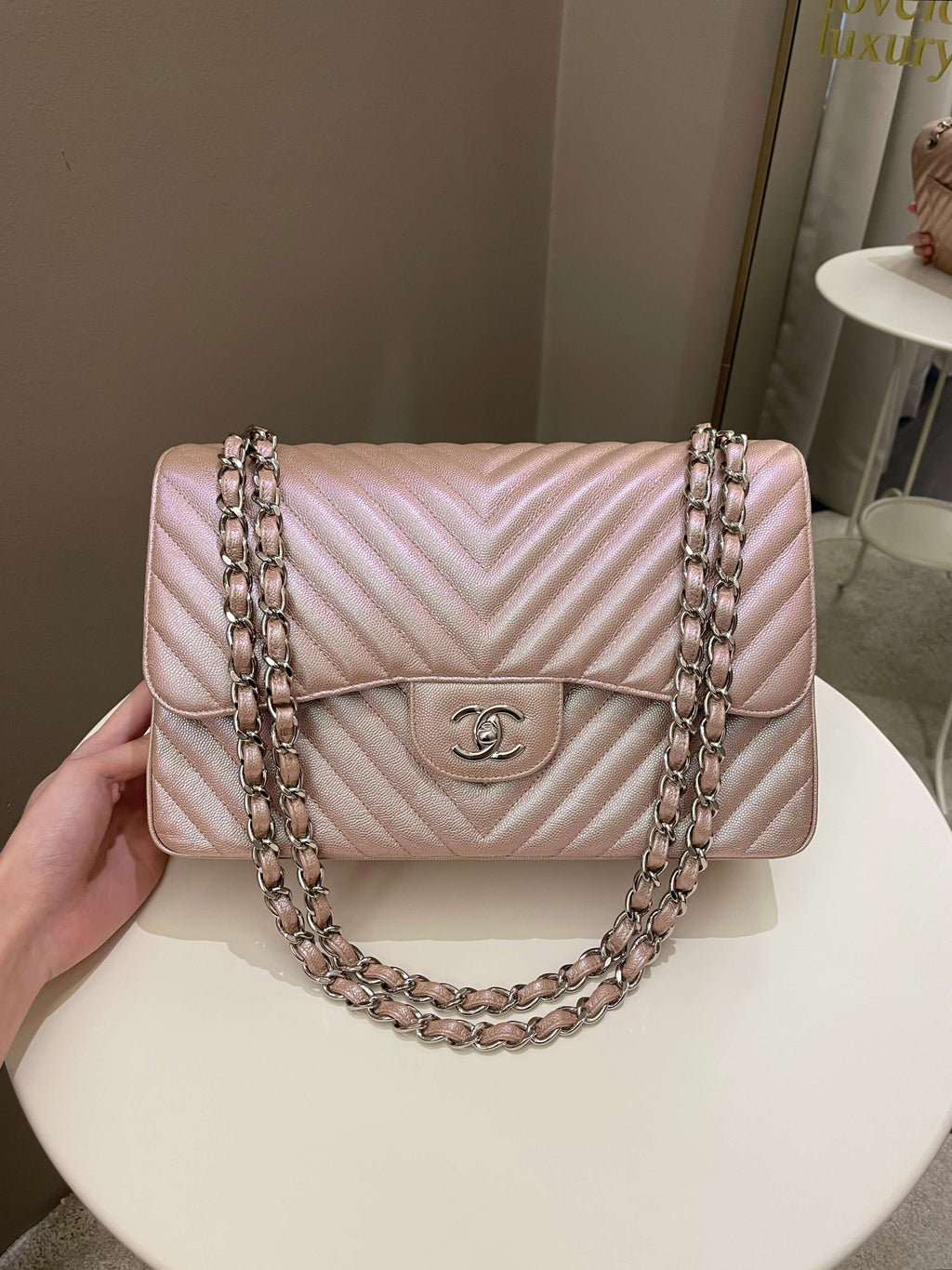 Chanel 17B Chevron Jumbo Double Flap Rose Gold Caviar
