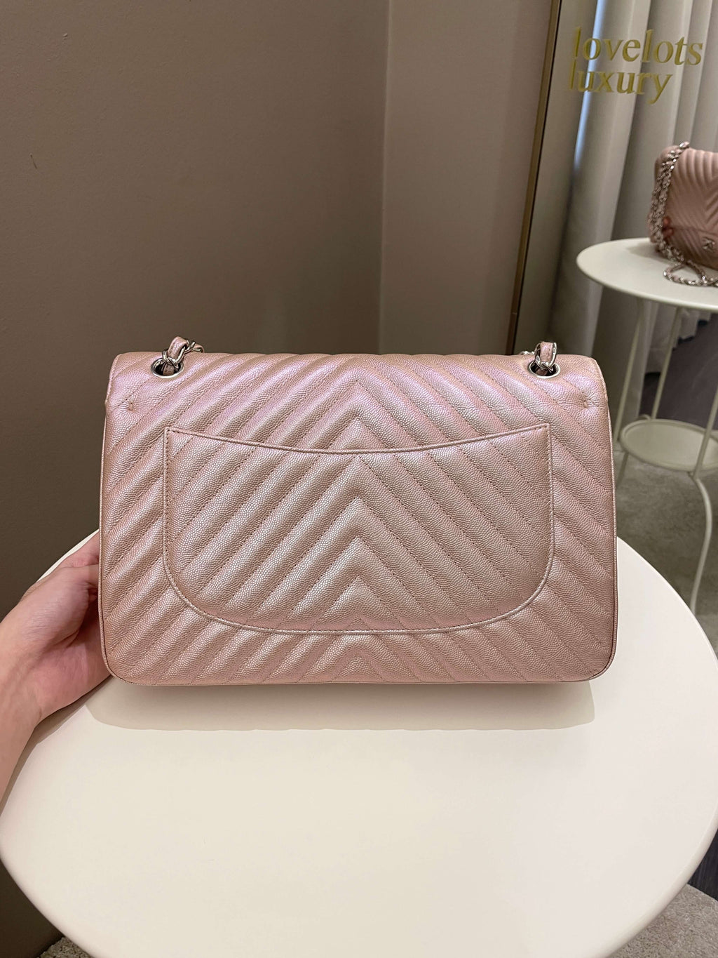 Chanel 17B Chevron Jumbo Double Flap Rose Gold Caviar