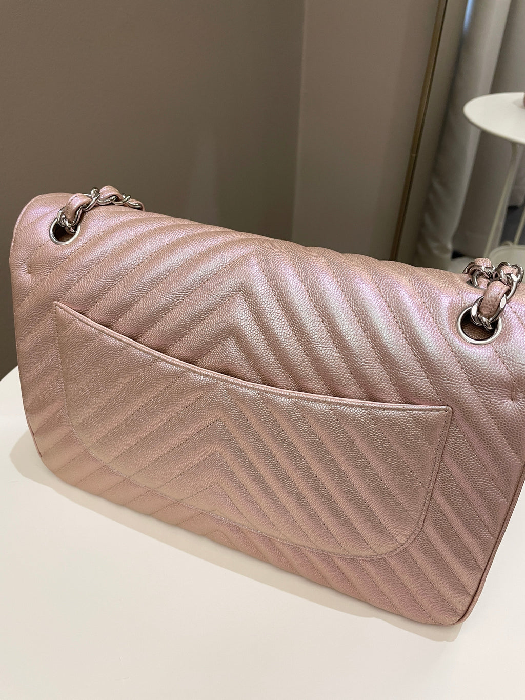 Chanel 17B Chevron Jumbo Double Flap Rose Gold Caviar