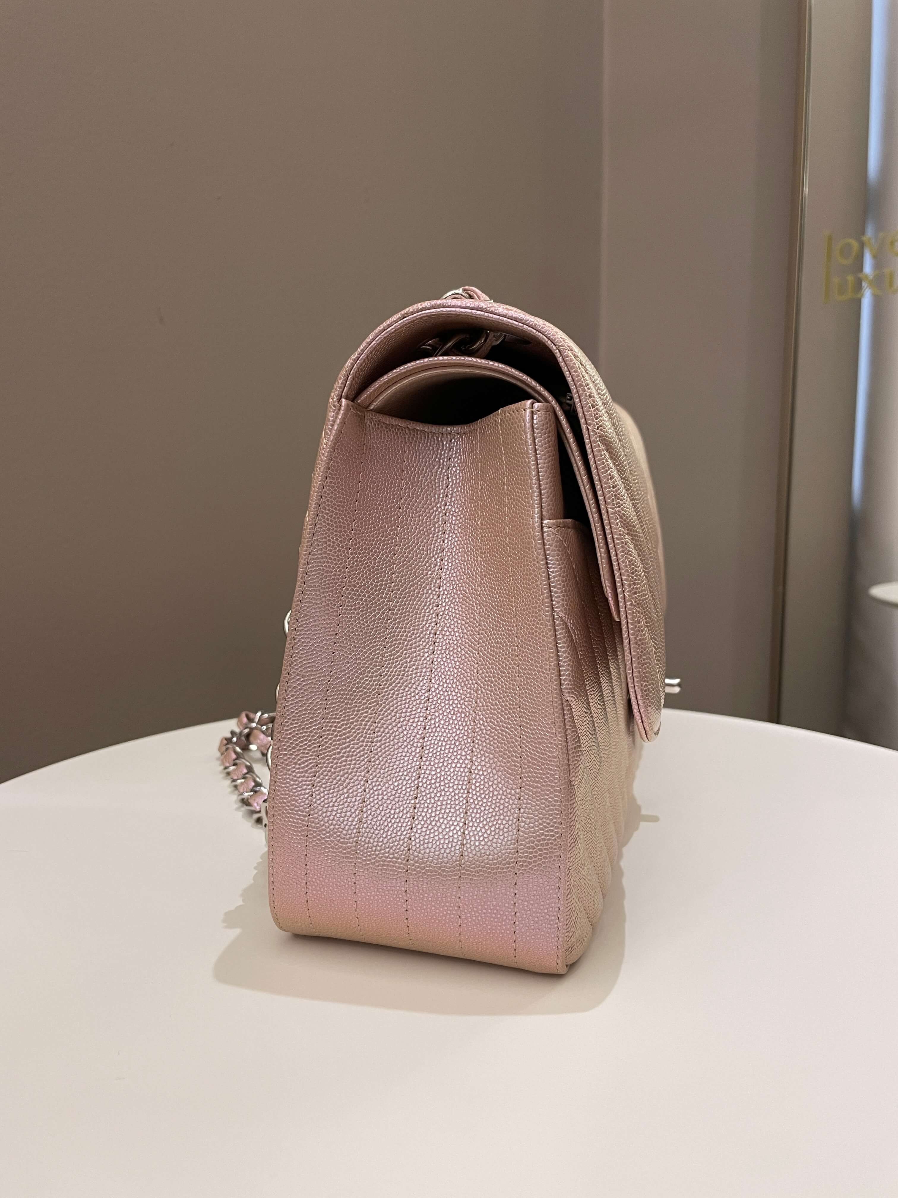 Chanel 17B Chevron Jumbo Double Flap Rose Gold Caviar