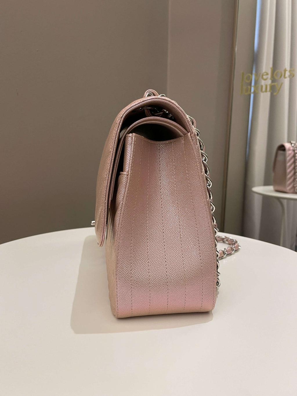 Chanel 17B Chevron Jumbo Double Flap Rose Gold Caviar
