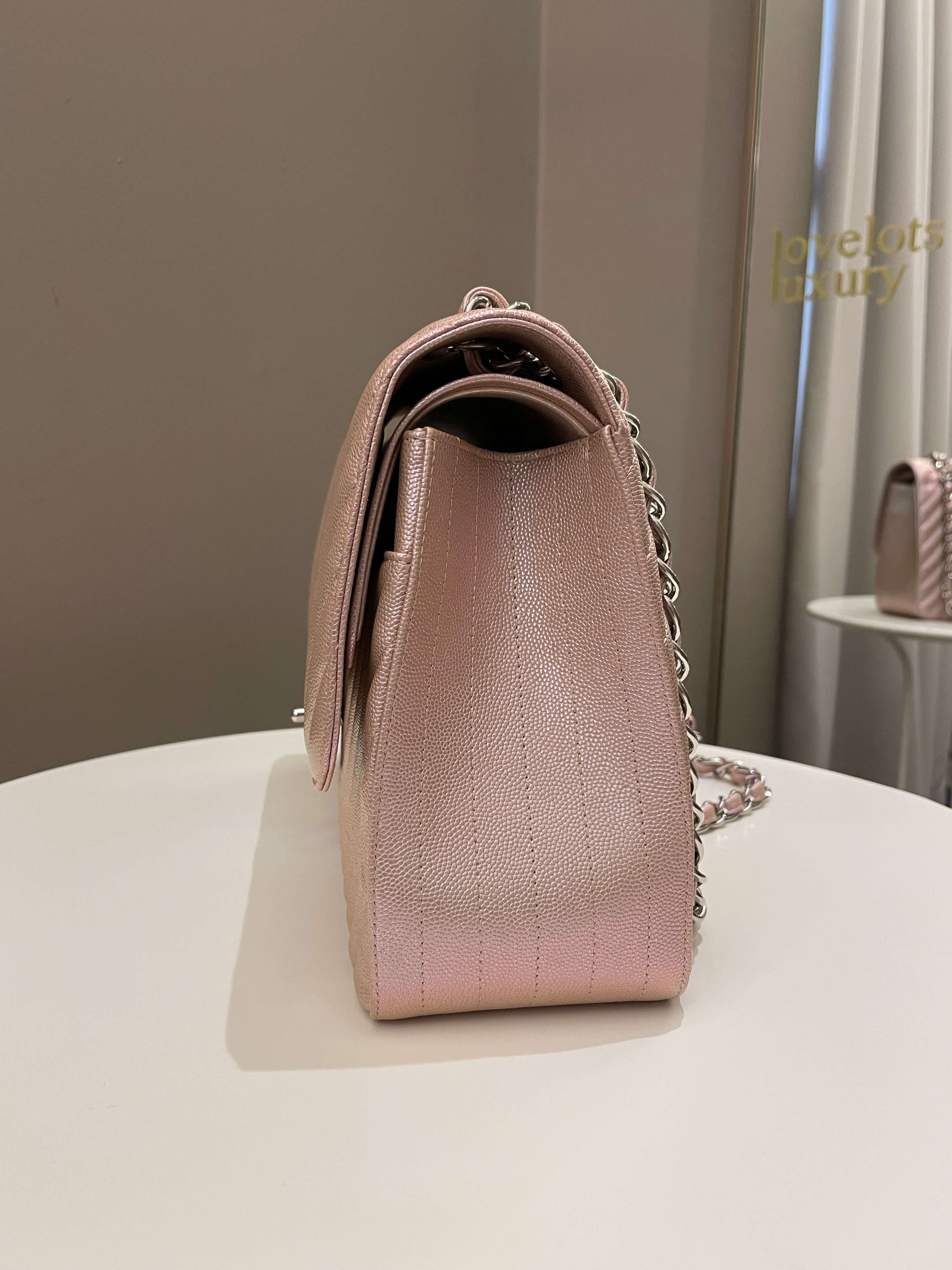 Chanel 17B Chevron Jumbo Double Flap Rose Gold Caviar