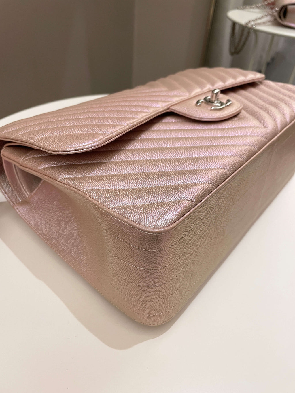 Chanel 17B Chevron Jumbo Double Flap Rose Gold Caviar