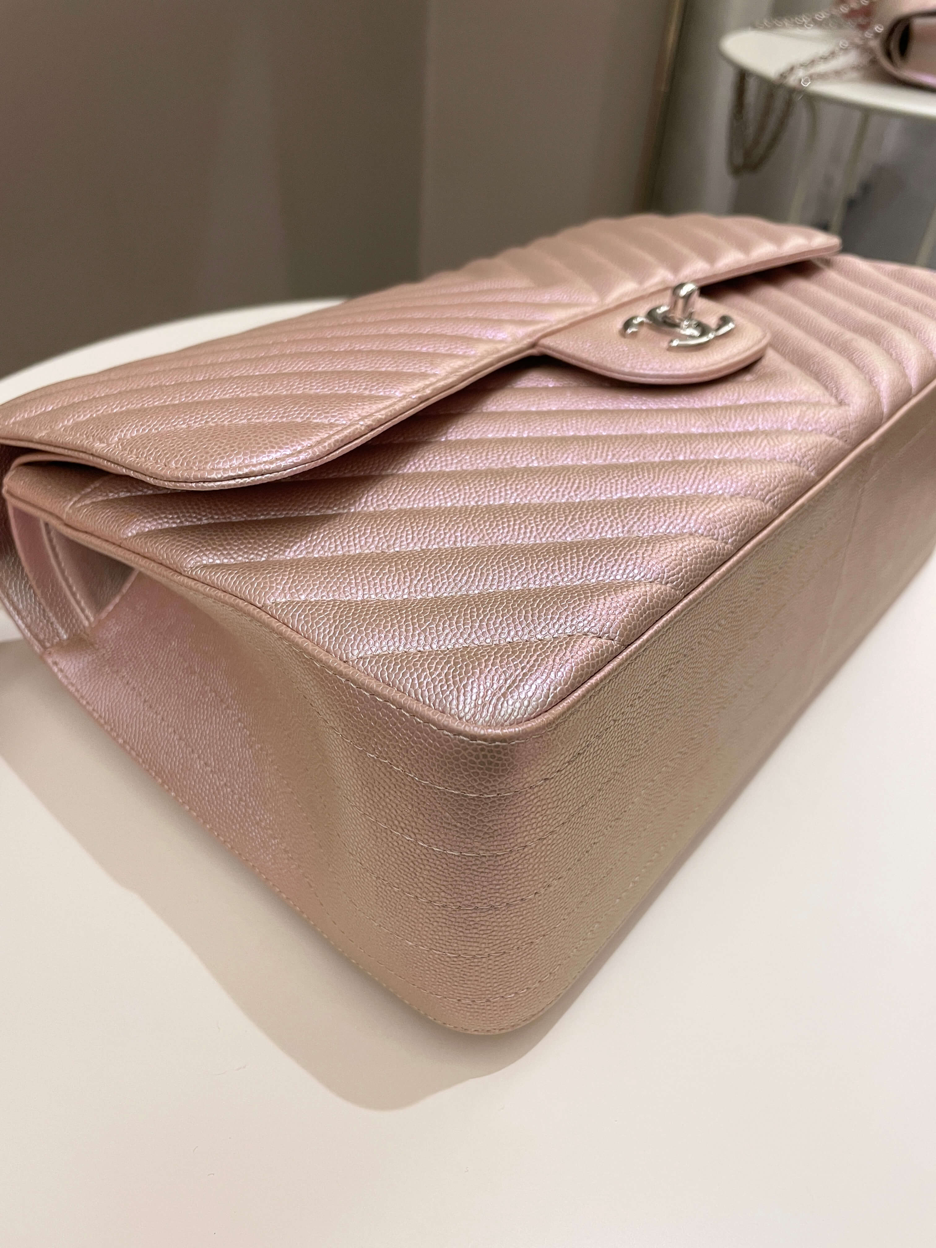 Chanel 17B Chevron Jumbo Double Flap Rose Gold Caviar