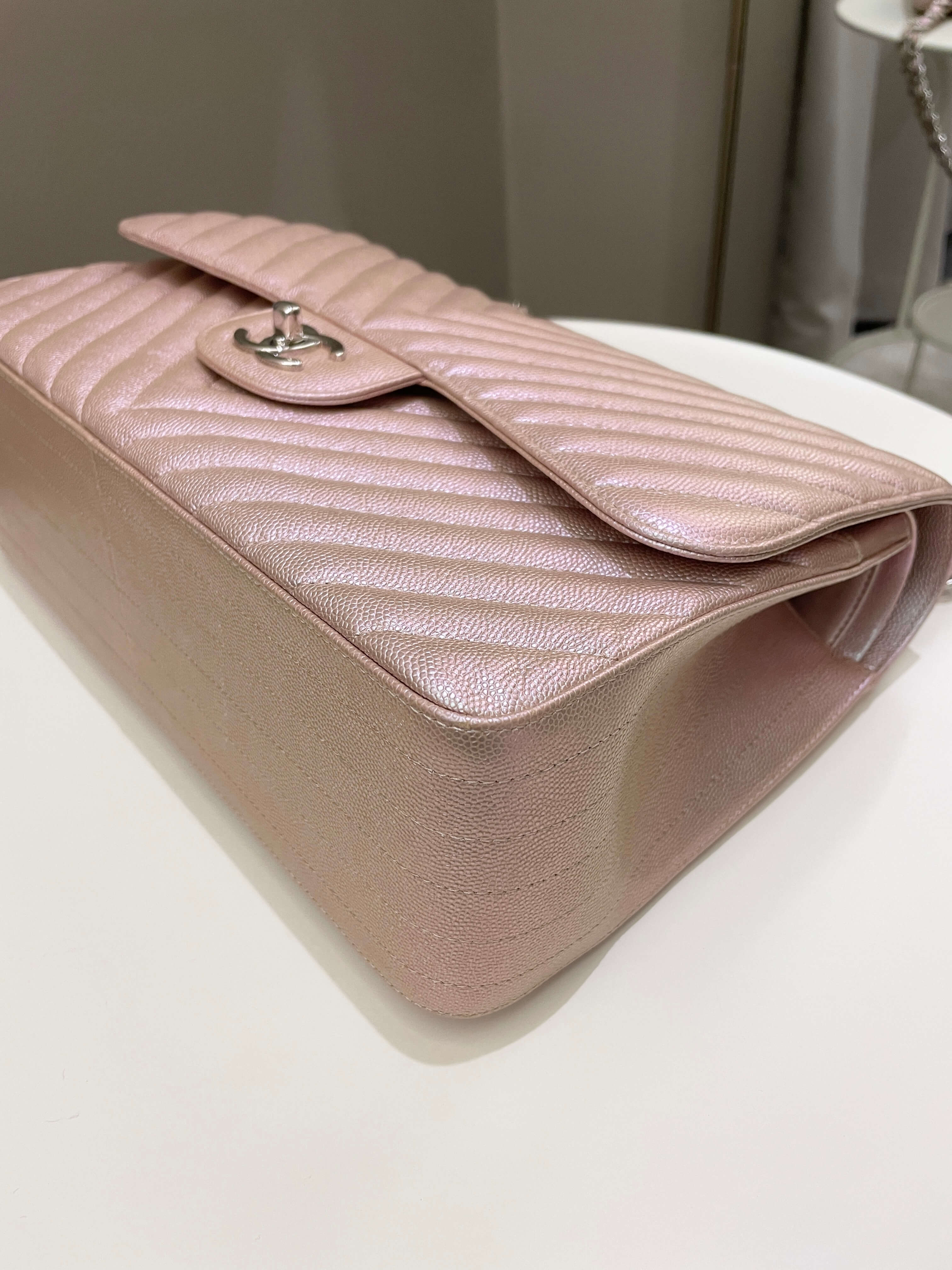 Chanel 17B Chevron Jumbo Double Flap Rose Gold Caviar