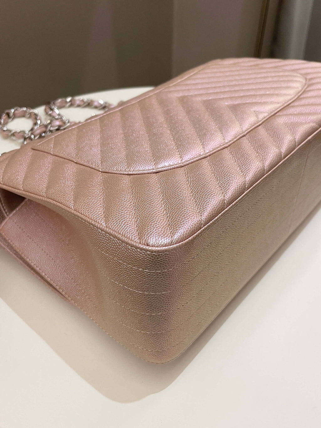 Chanel 17B Chevron Jumbo Double Flap Rose Gold Caviar