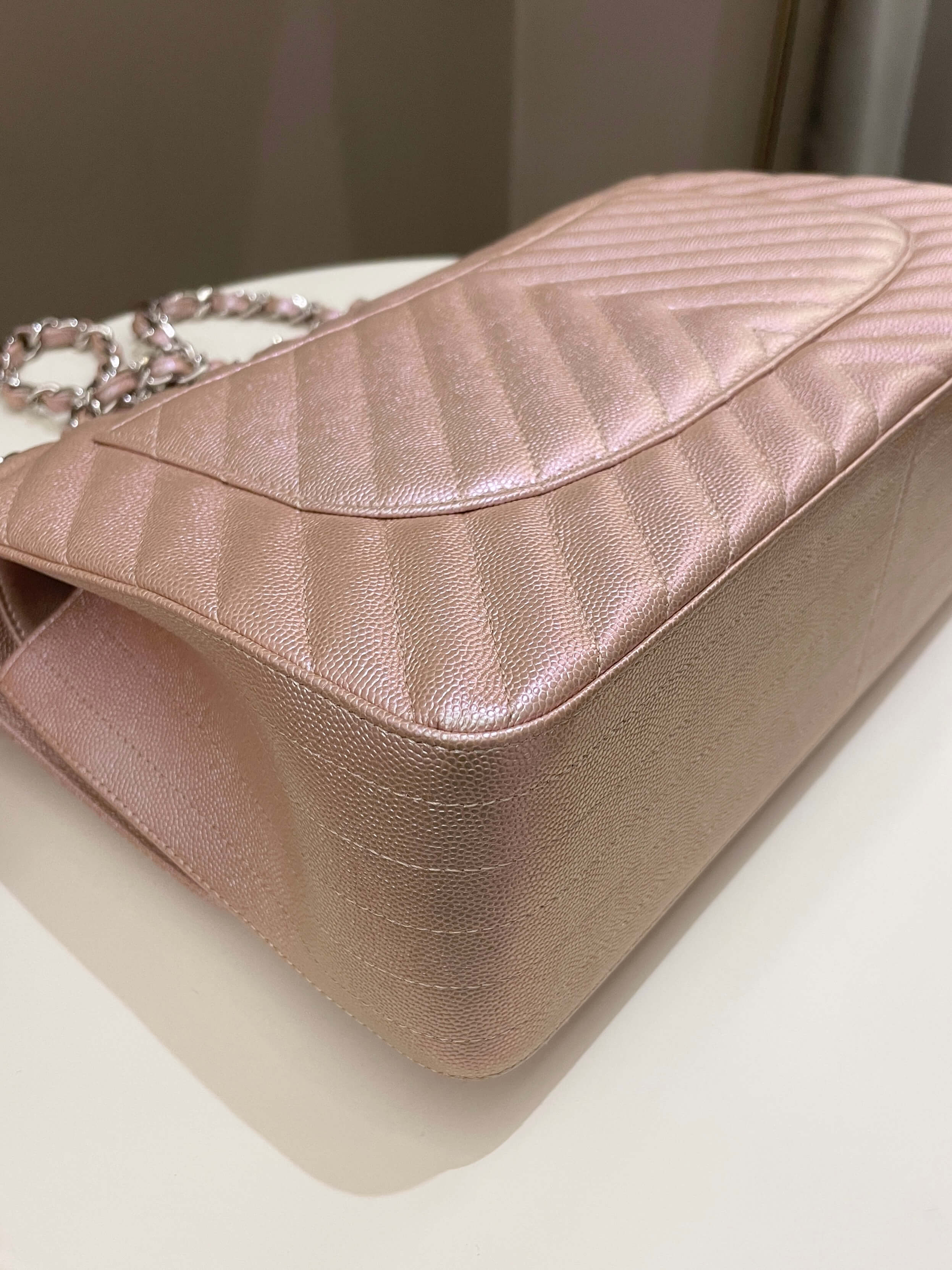 Chanel 17B Chevron Jumbo Double Flap Rose Gold Caviar