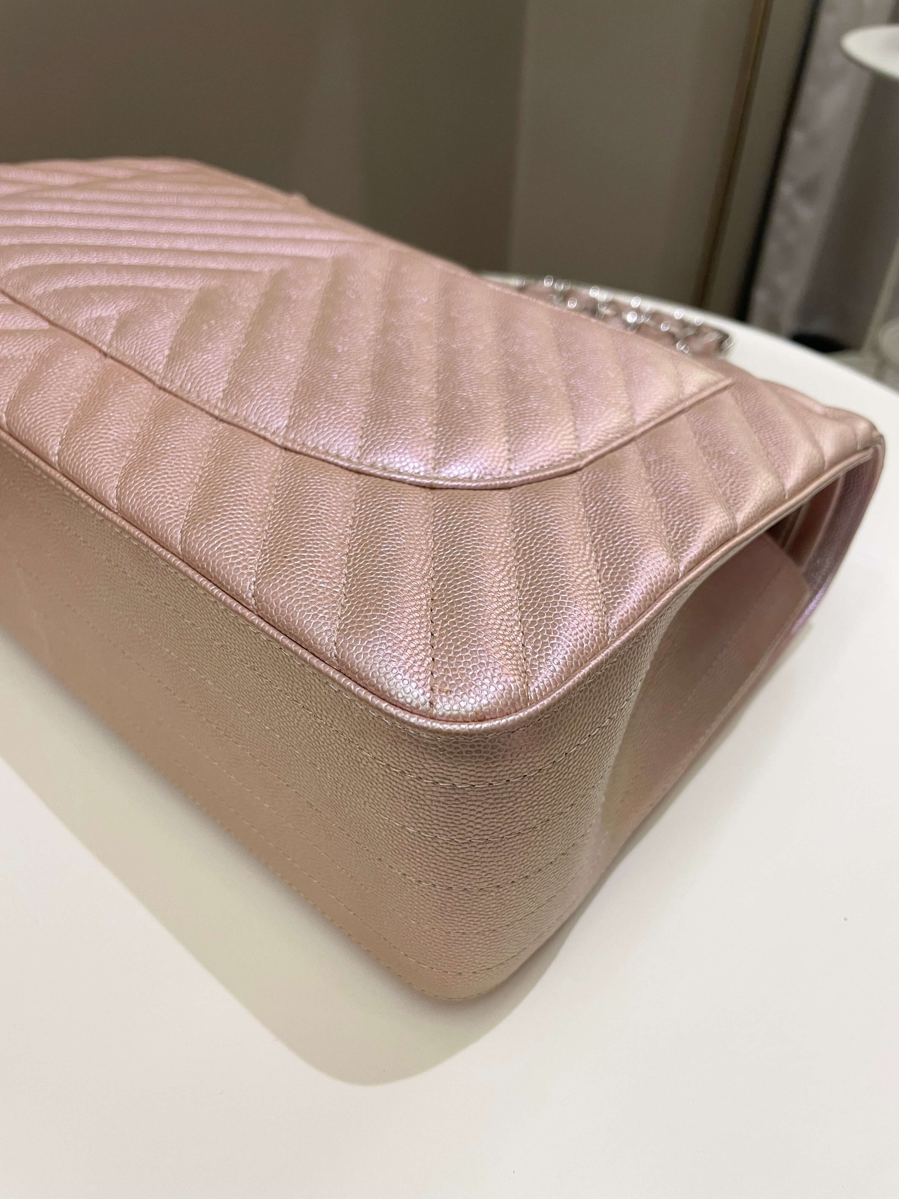 Chanel 17B Chevron Jumbo Double Flap Rose Gold Caviar