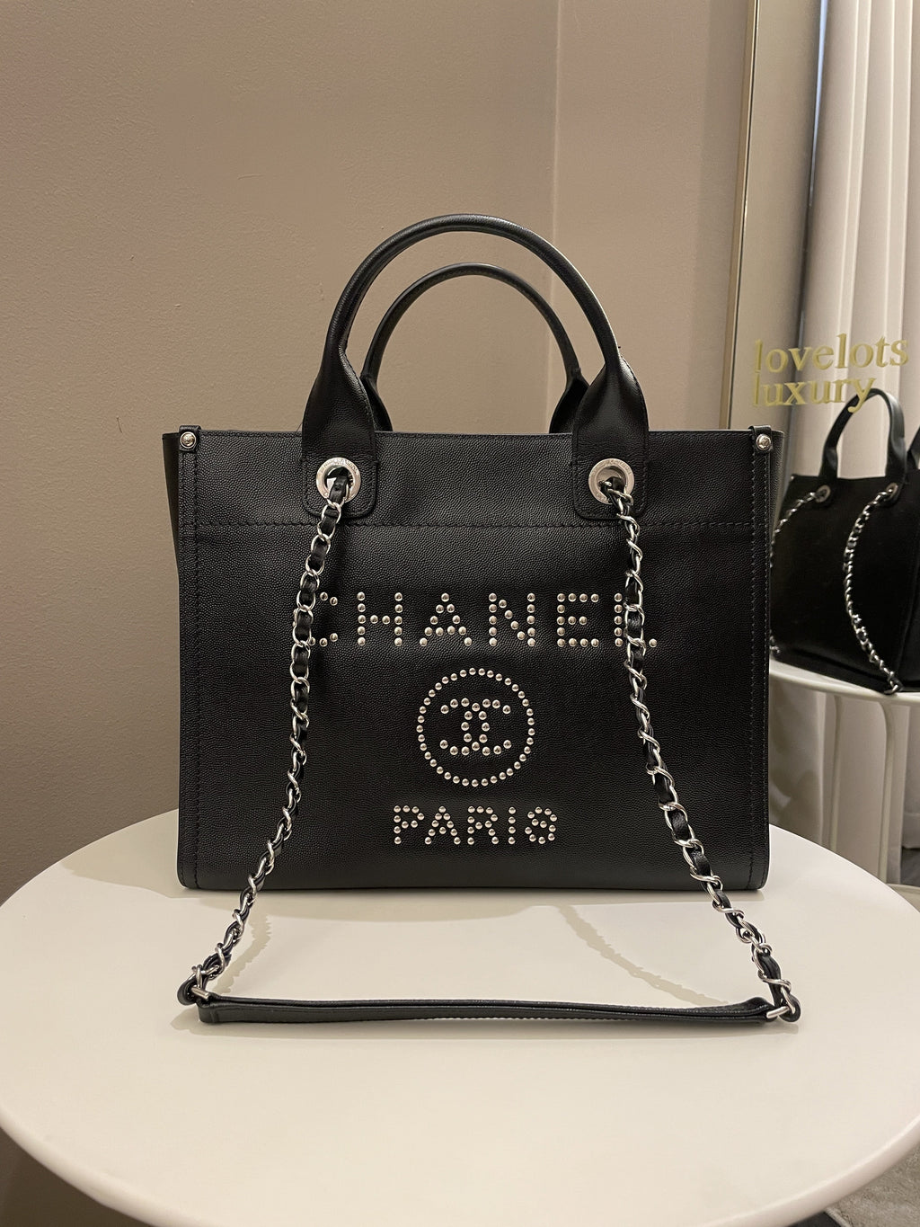 Chanel Studded Deauville Shopper Tote Black Caviar