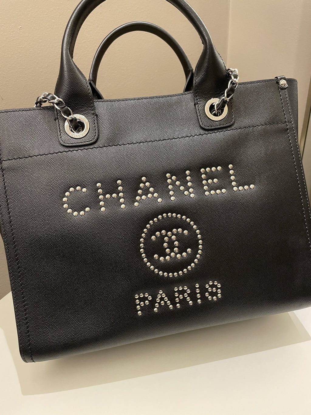 Chanel Studded Deauville Shopper Tote Black Caviar
