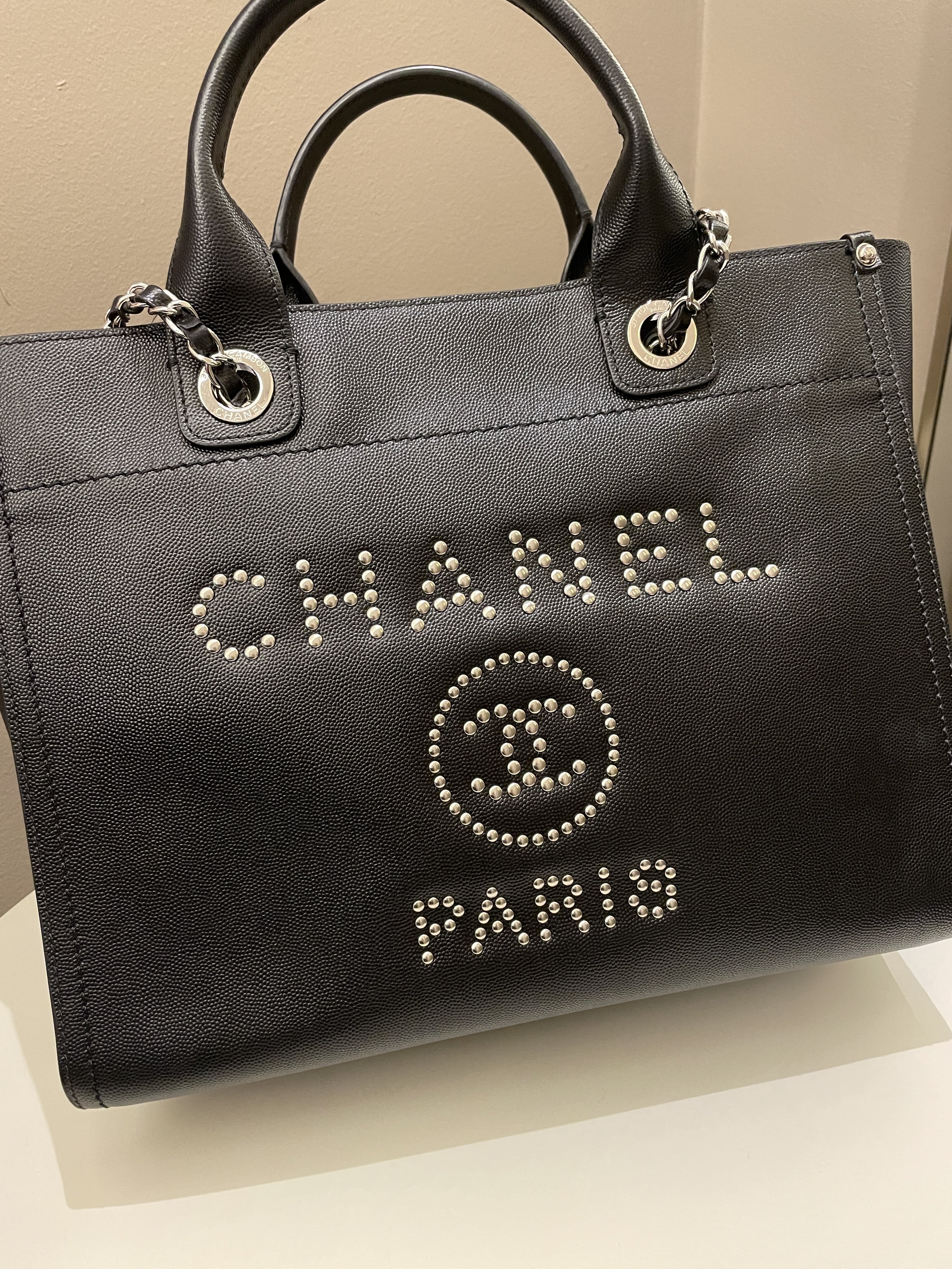 Chanel Studded Deauville Shopper Tote Black Caviar