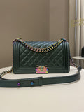 Chanel Quilted Mermaid Boy Old Medium Green Iridescent Goat Skin