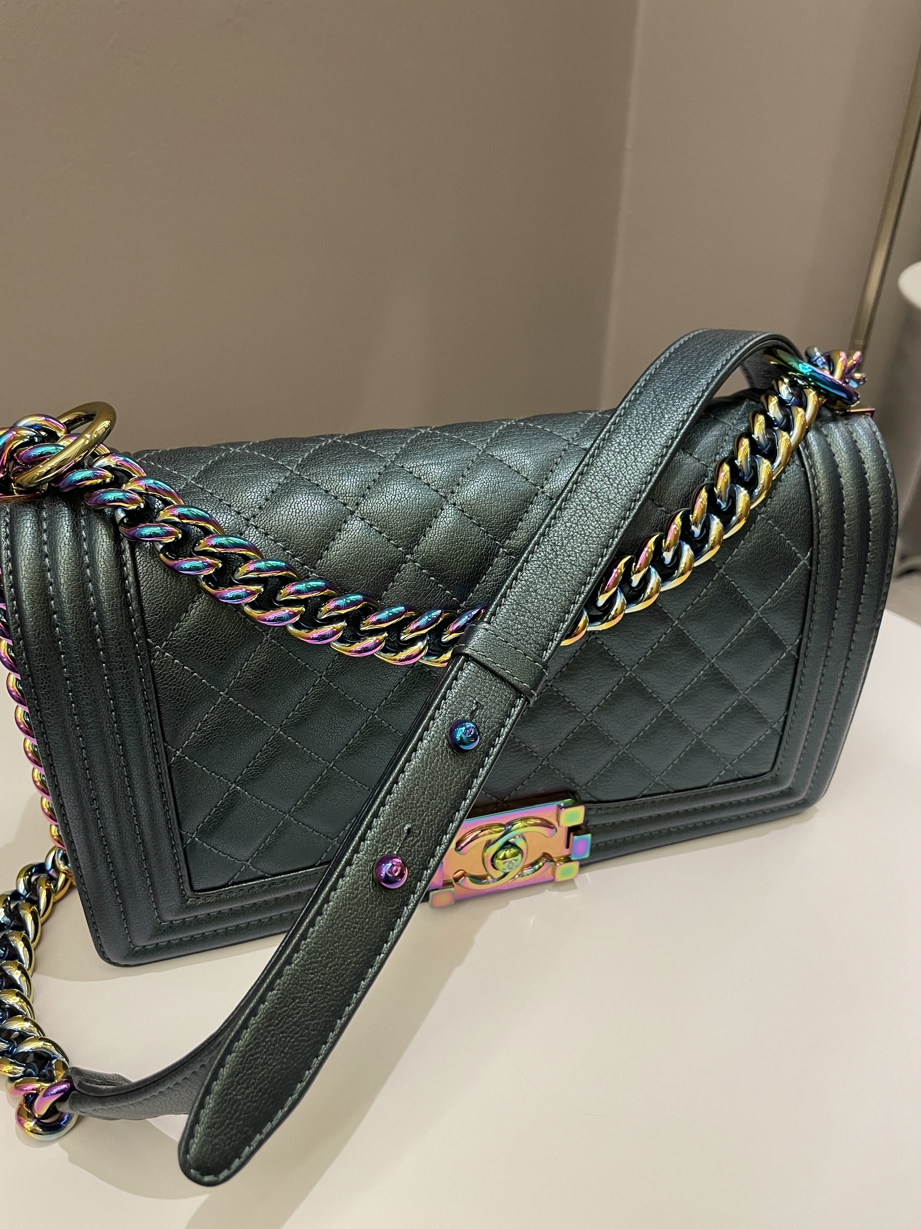 Chanel Quilted Mermaid Boy Old Medium Green Iridescent Goat Skin