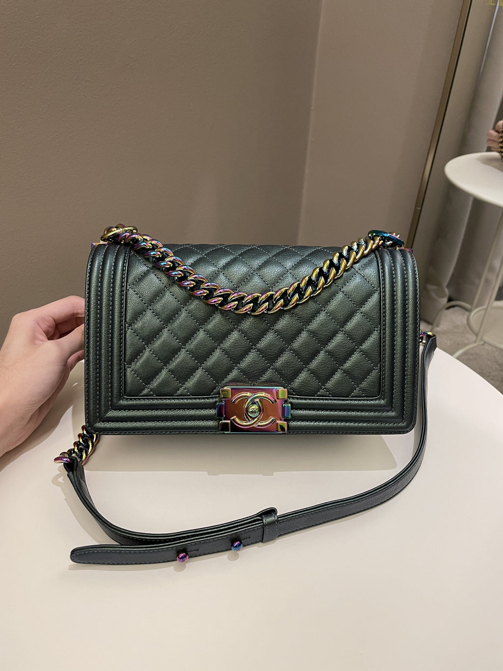 Chanel Quilted Mermaid Boy Old Medium Green Iridescent Goat Skin