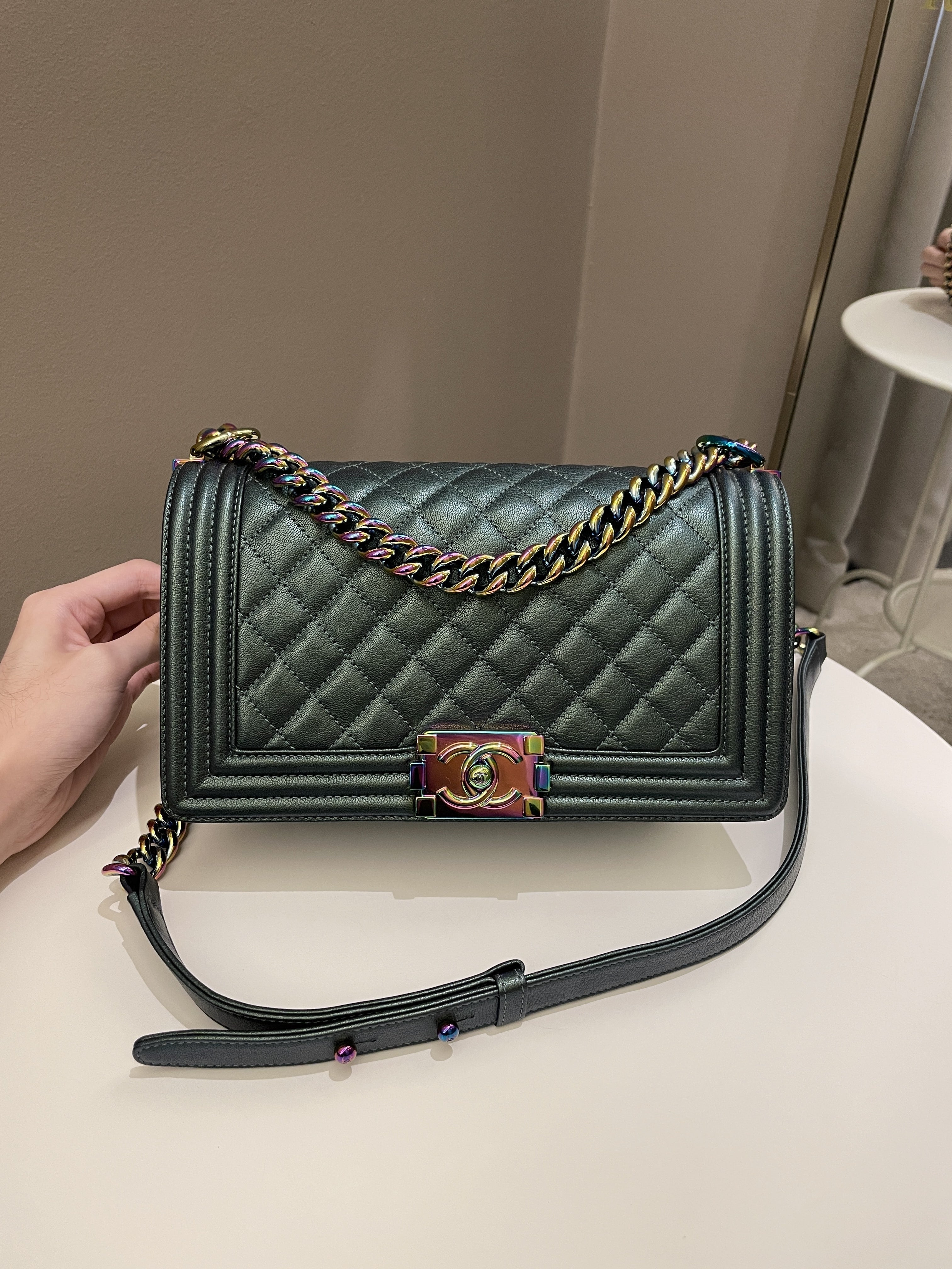Chanel Quilted Mermaid Boy Old Medium Green Iridescent Goat Skin