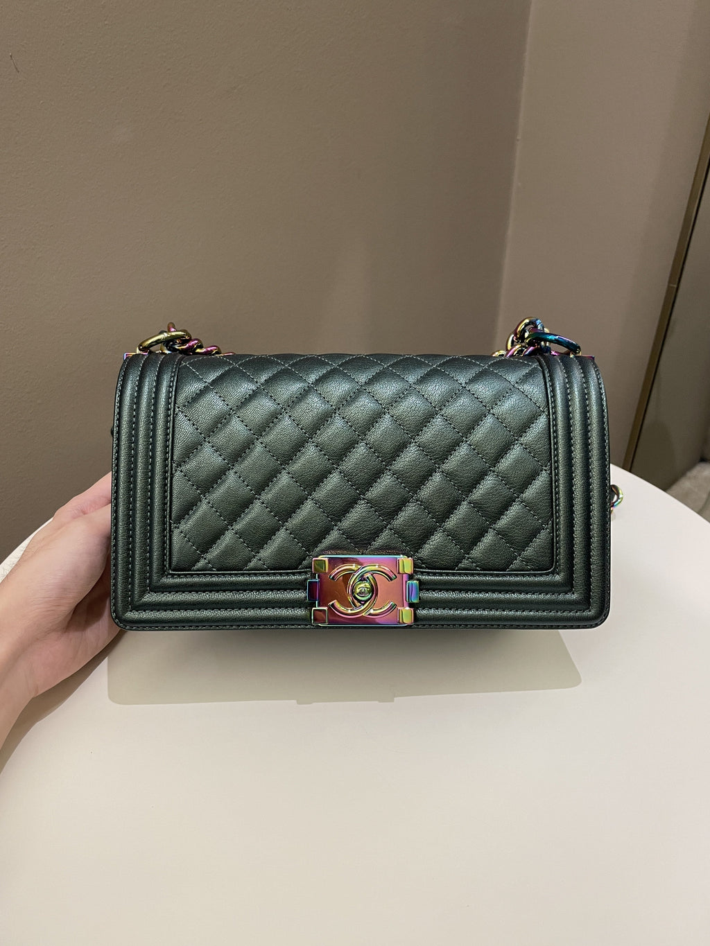 Chanel Quilted Mermaid Boy Old Medium Green Iridescent Goat Skin
