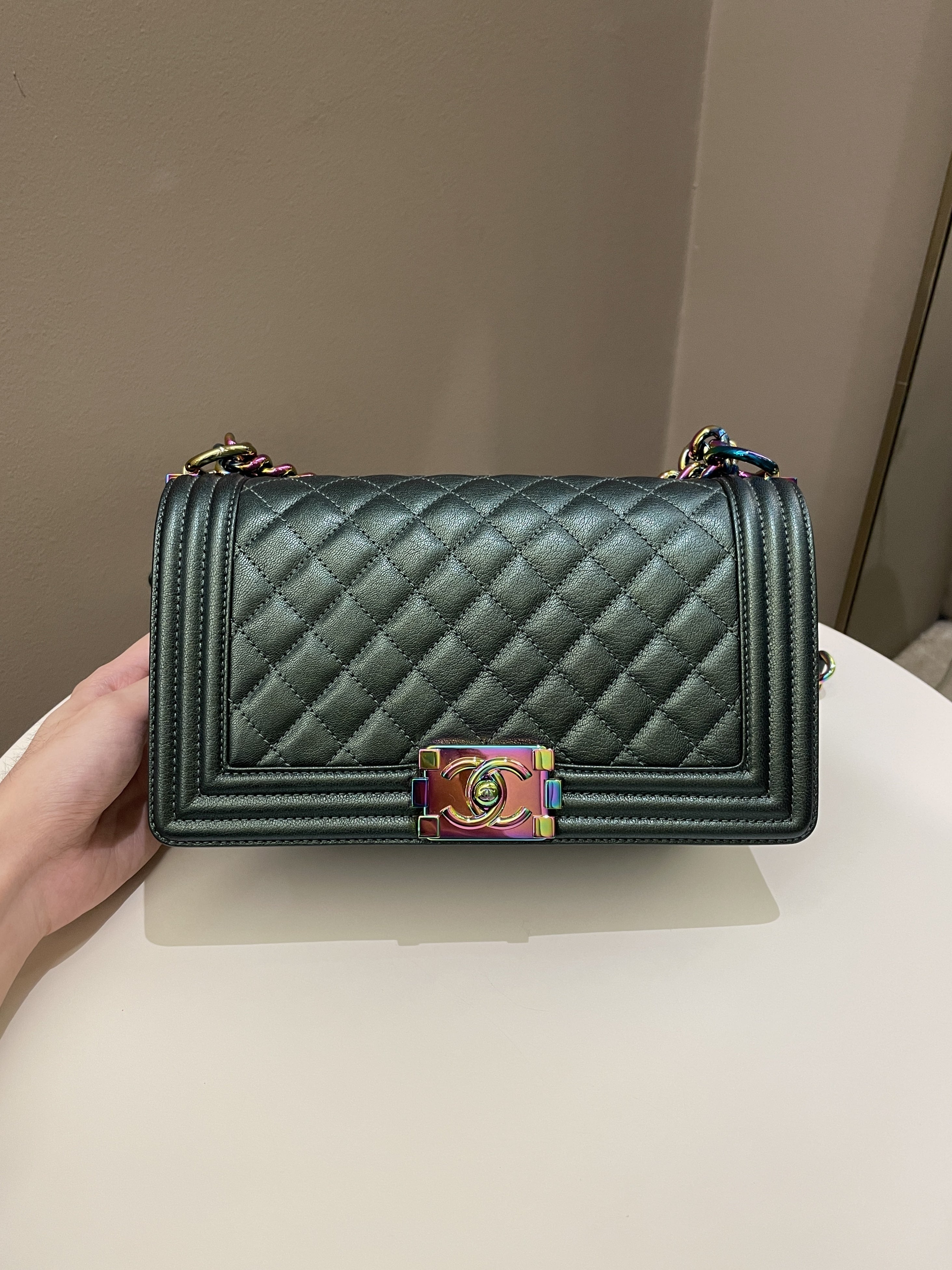 Chanel Quilted Mermaid Boy Old Medium Green Iridescent Goat Skin
