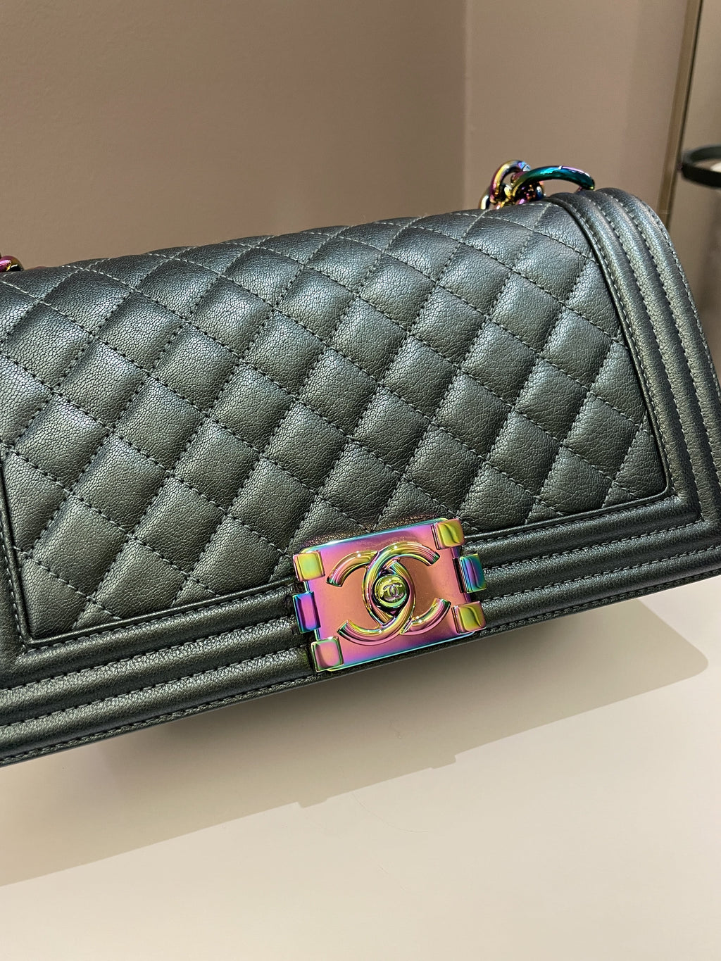 Chanel Quilted Mermaid Boy Old Medium Green Iridescent Goat Skin