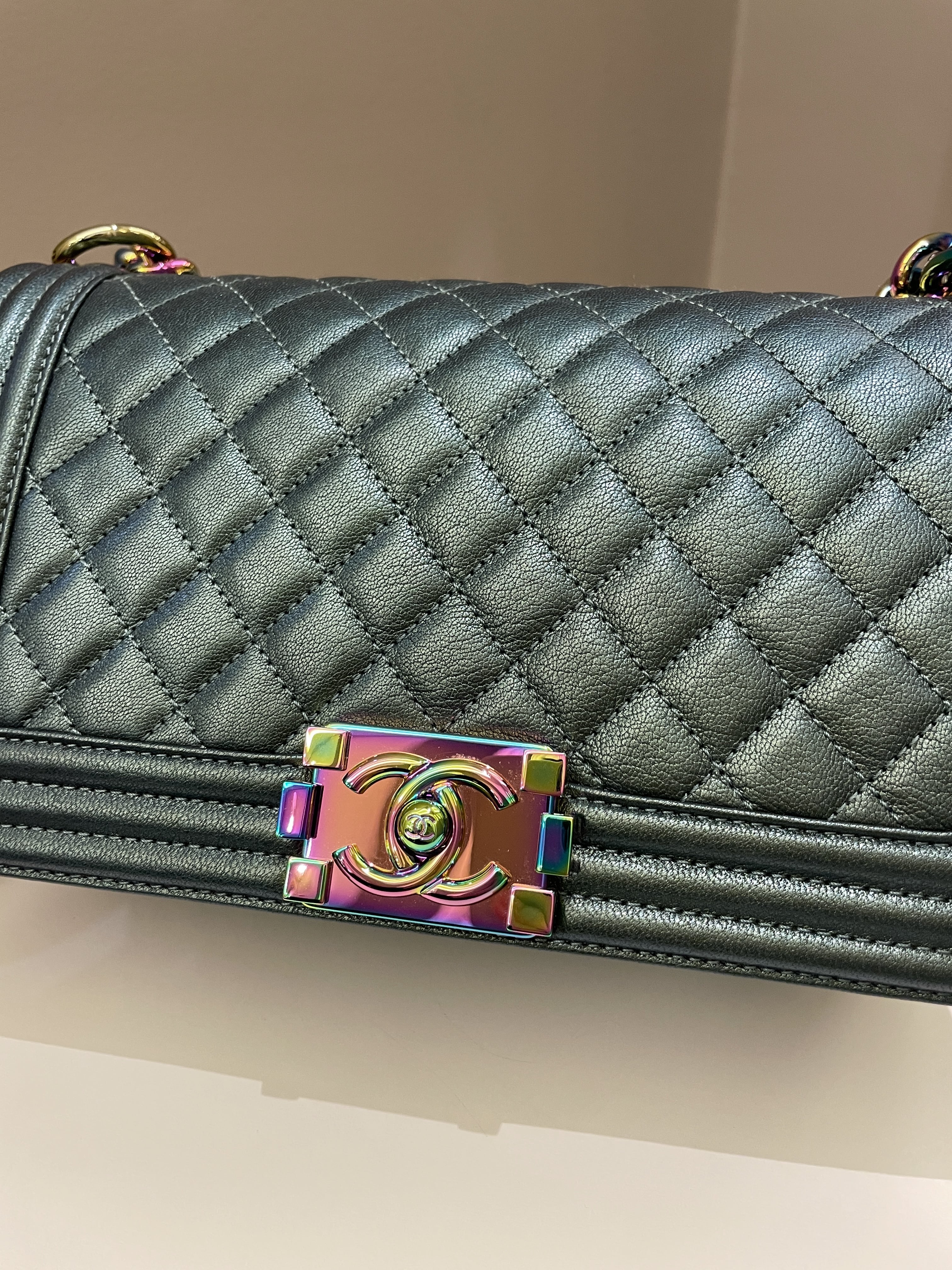 Chanel Quilted Mermaid Boy Old Medium Green Iridescent Goat Skin