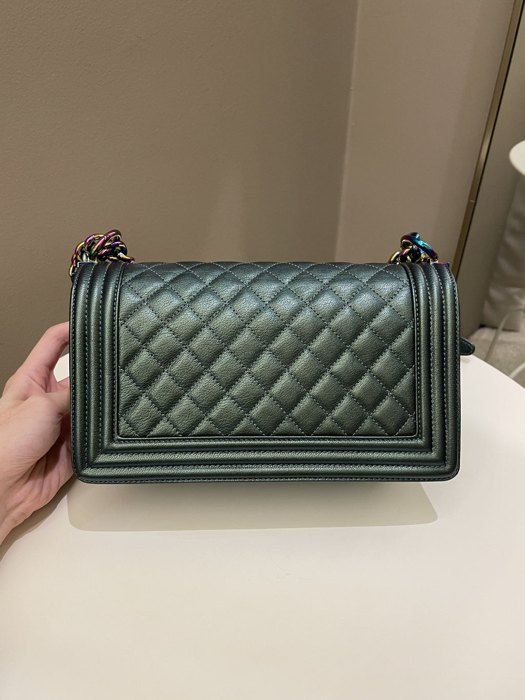 Chanel Quilted Mermaid Boy Old Medium Green Iridescent Goat Skin