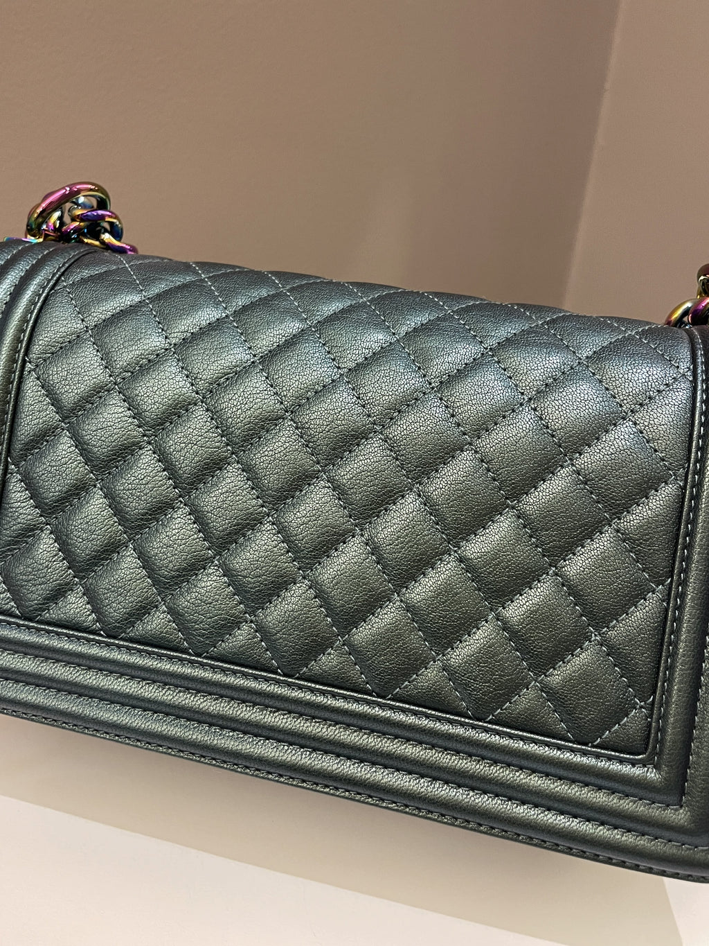 Chanel Quilted Mermaid Boy Old Medium Green Iridescent Goat Skin