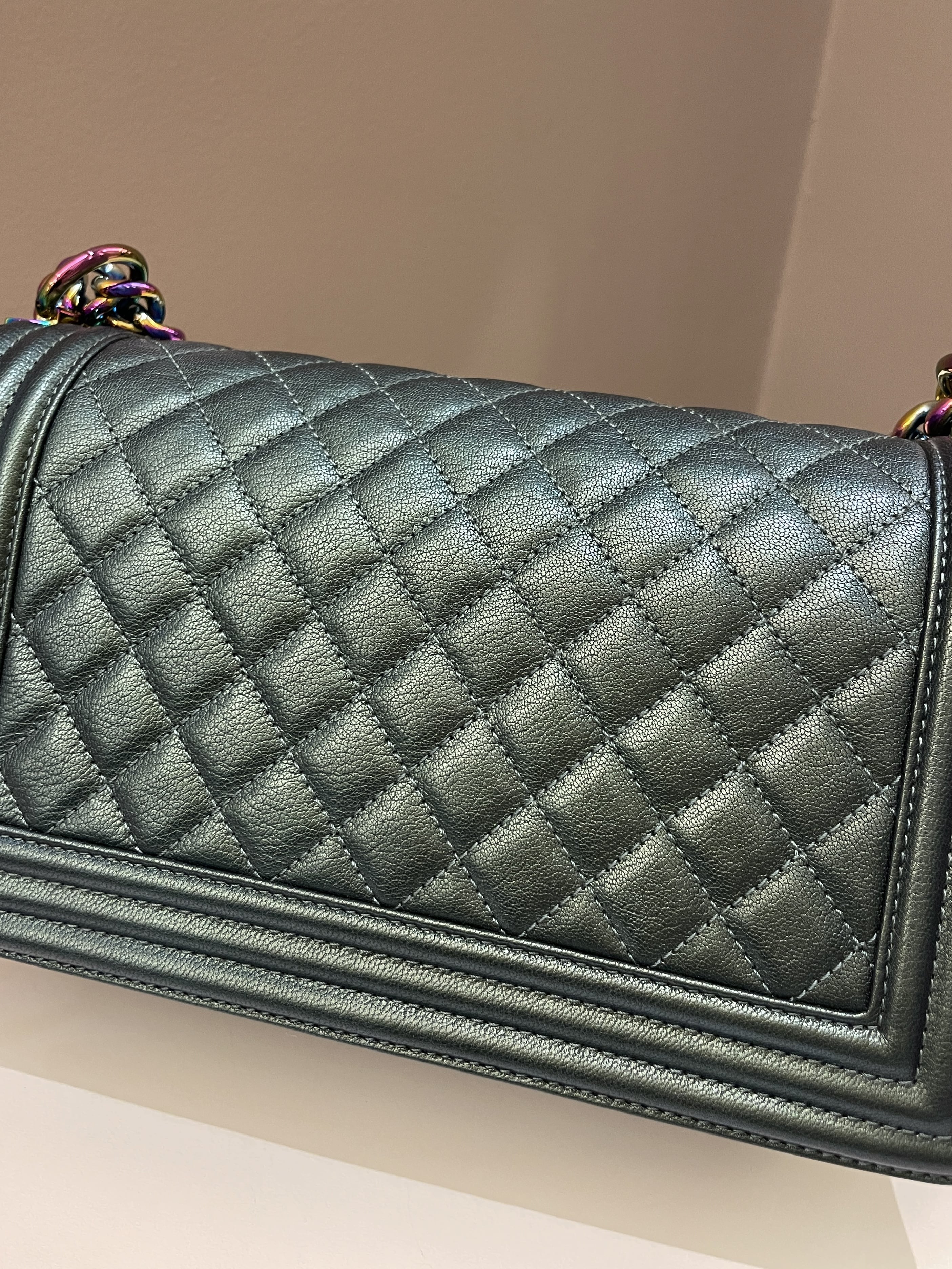 Chanel Quilted Mermaid Boy Old Medium Green Iridescent Goat Skin