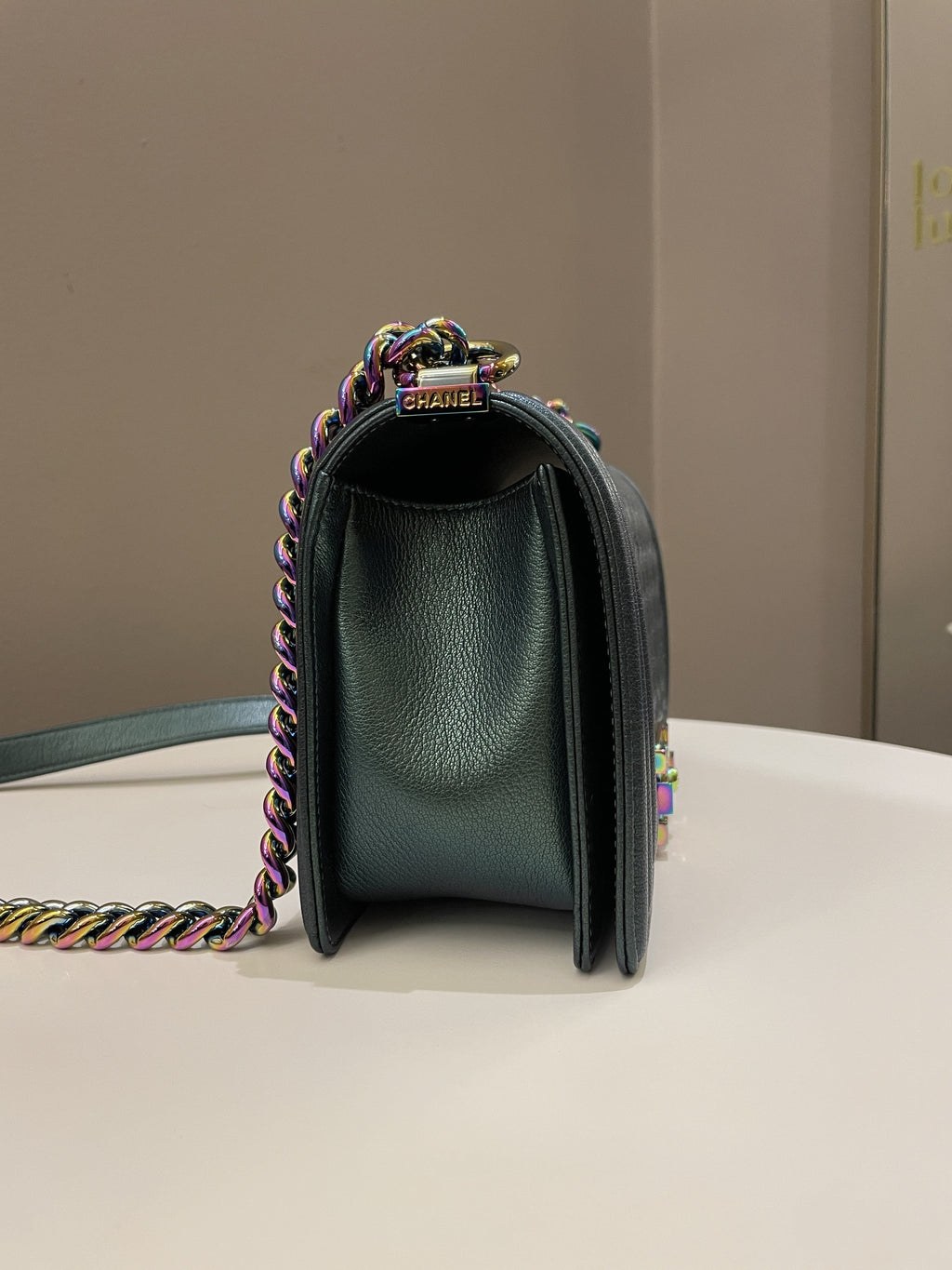 Chanel Quilted Mermaid Boy Old Medium Green Iridescent Goat Skin