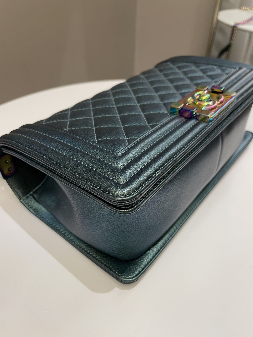 Chanel Quilted Mermaid Boy Old Medium Green Iridescent Goat Skin