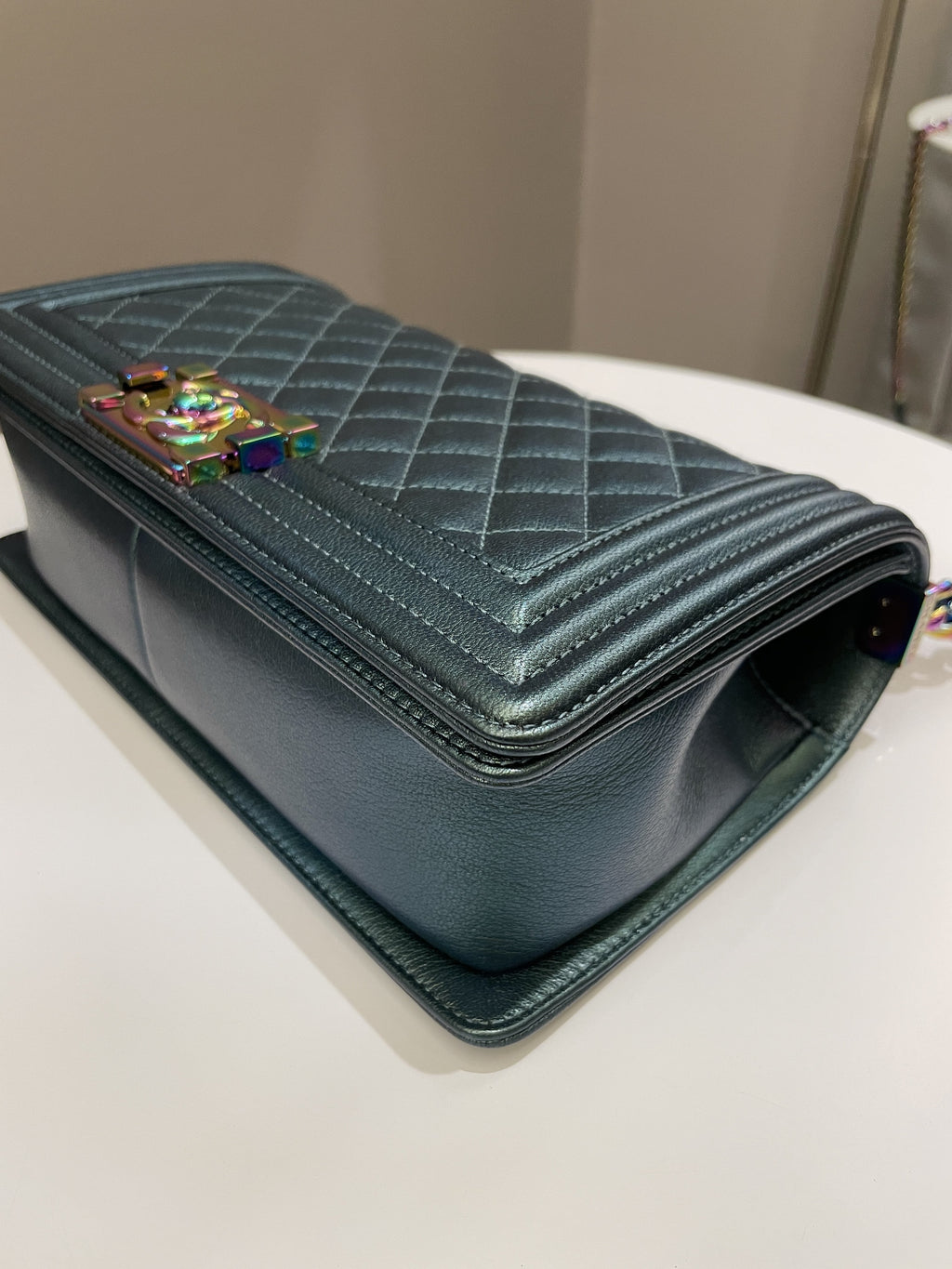 Chanel Quilted Mermaid Boy Old Medium Green Iridescent Goat Skin