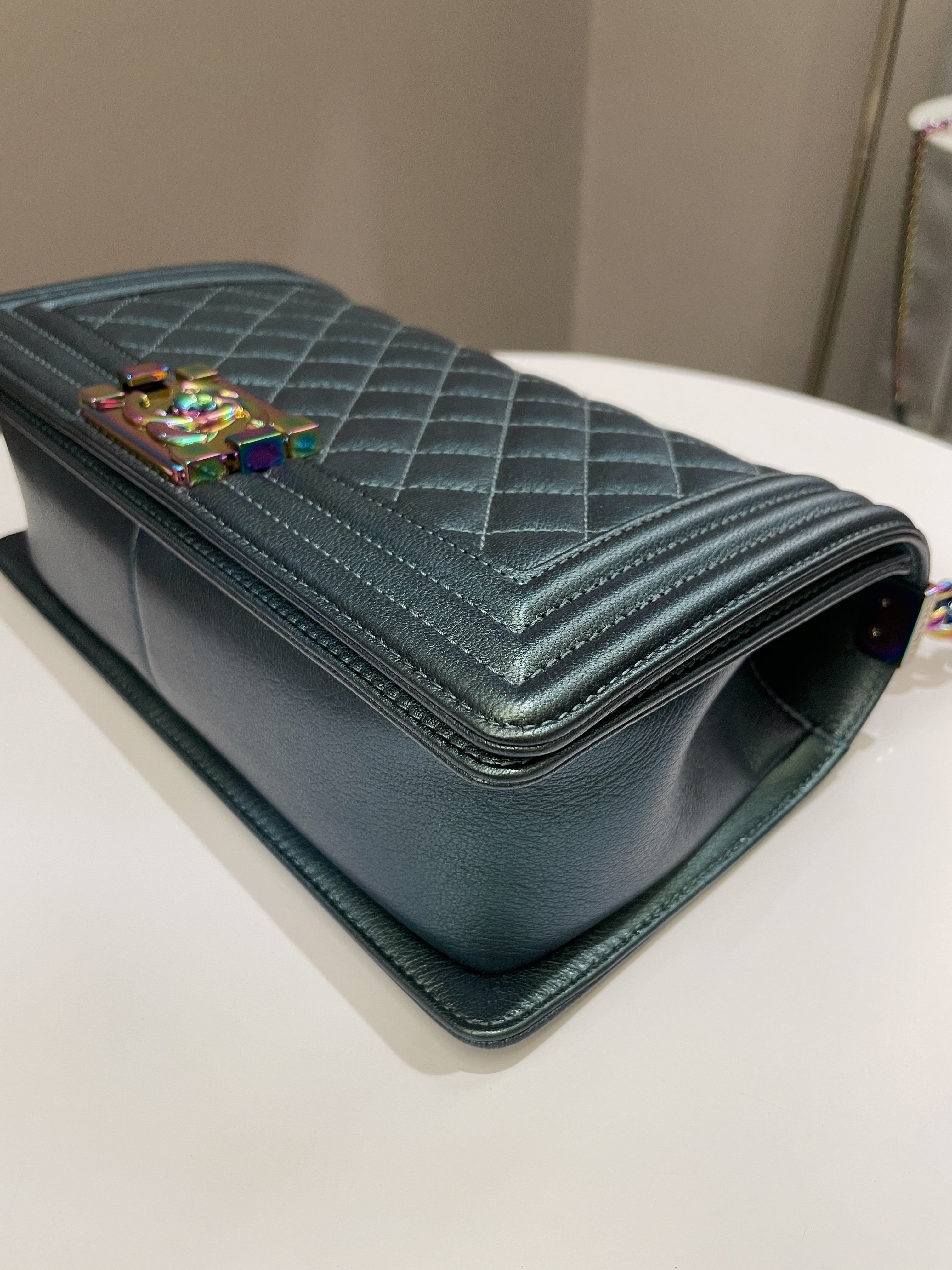 Chanel Quilted Mermaid Boy Old Medium Green Iridescent Goat Skin