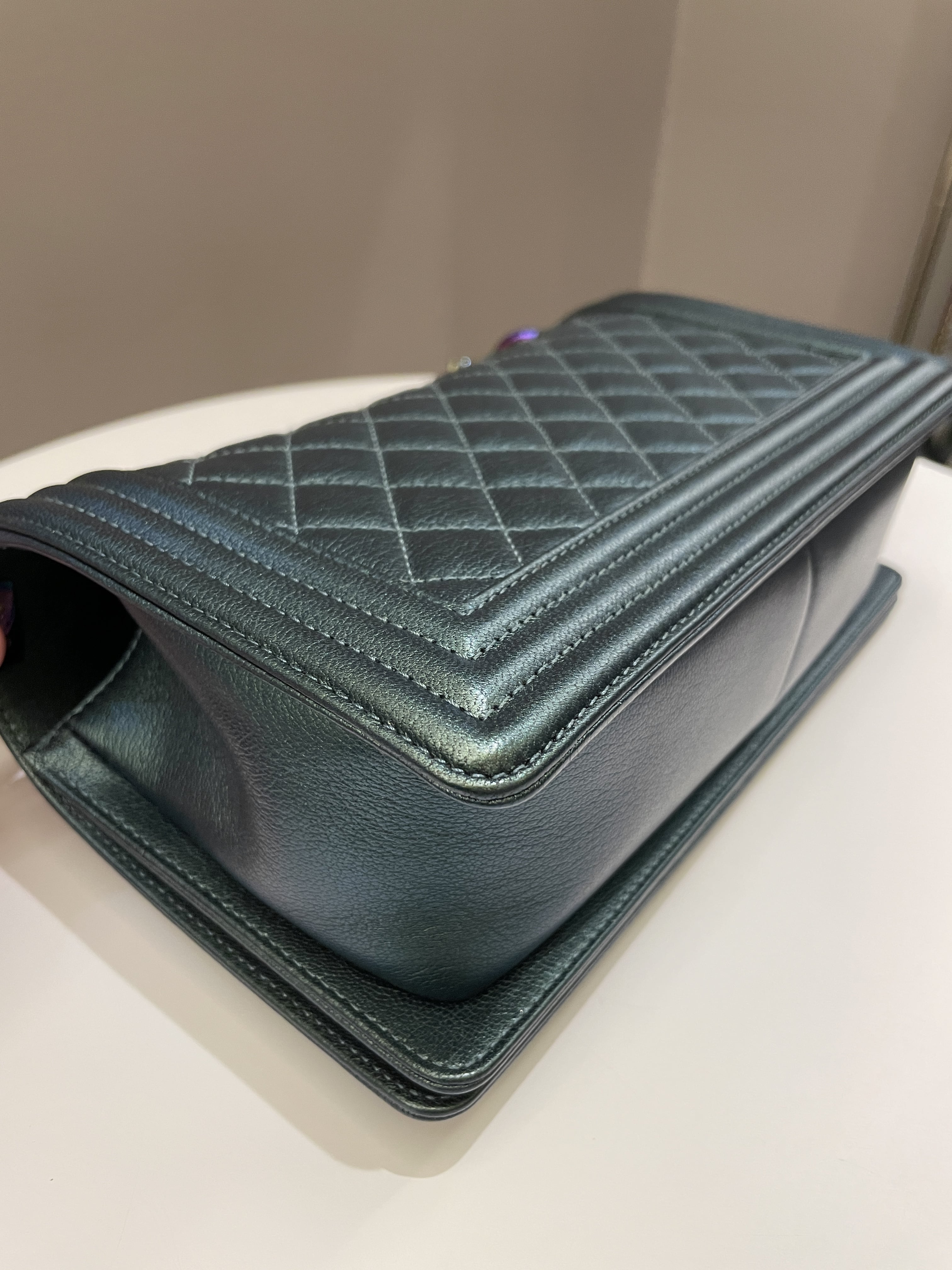 Chanel Quilted Mermaid Boy Old Medium Green Iridescent Goat Skin