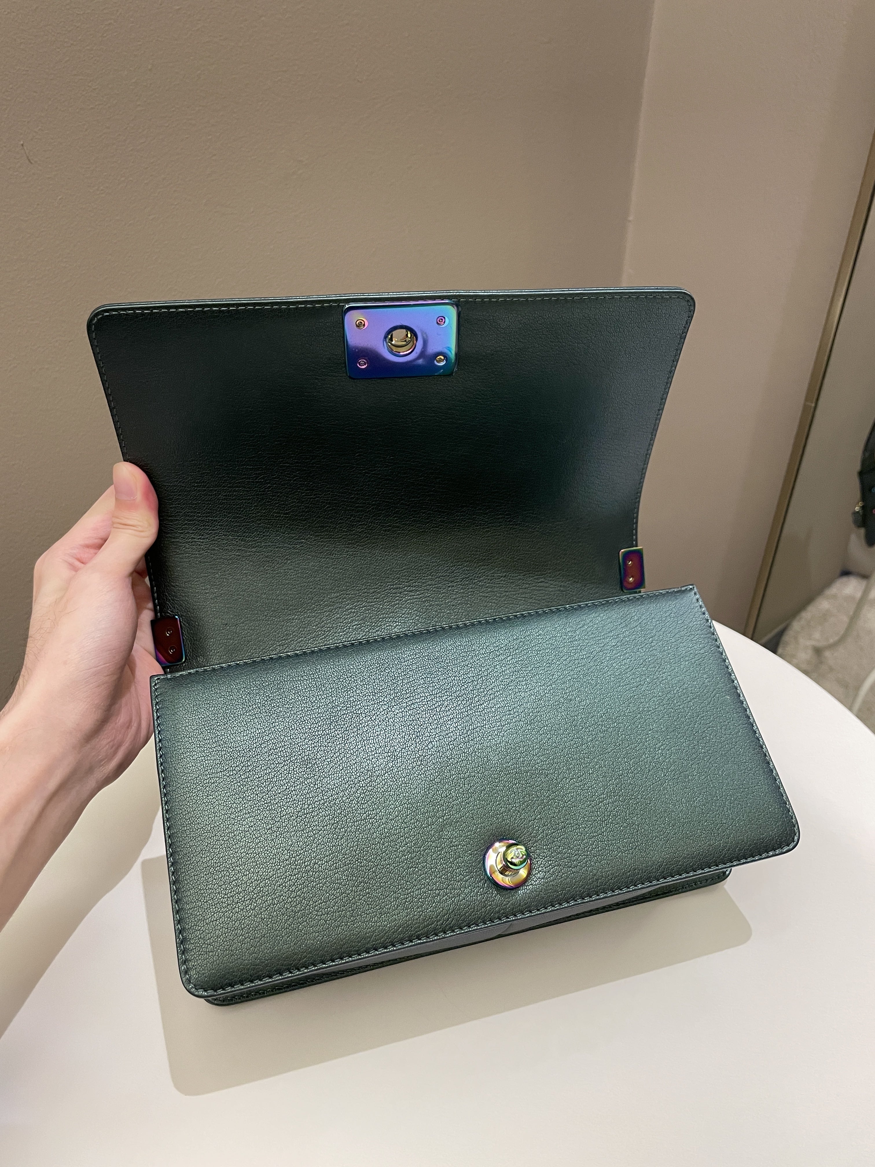 Chanel Quilted Mermaid Boy Old Medium Green Iridescent Goat Skin