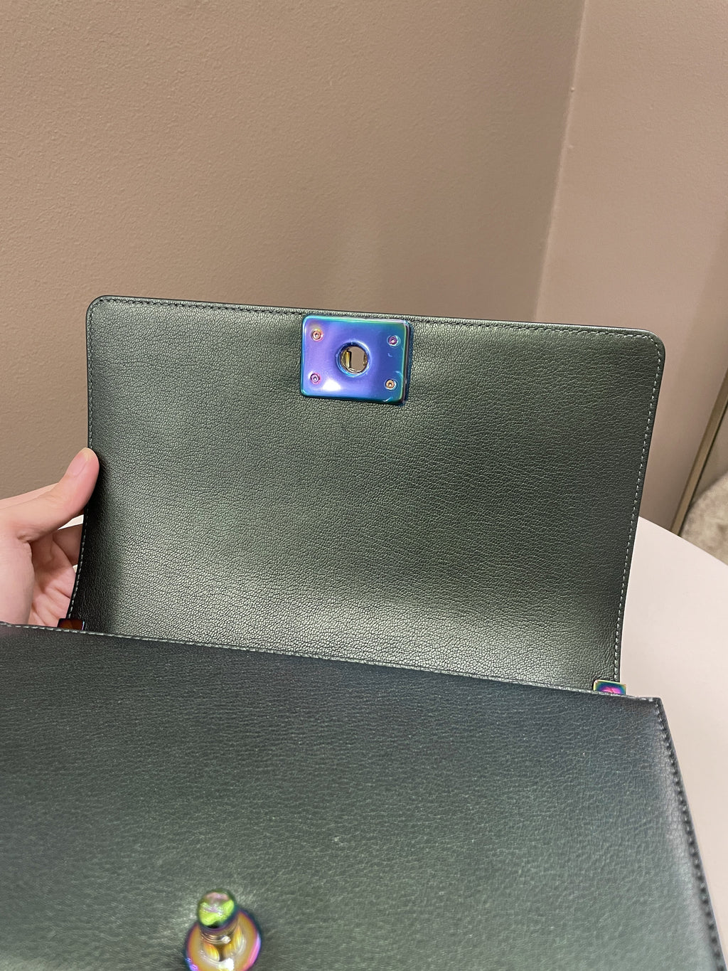 Chanel Quilted Mermaid Boy Old Medium Green Iridescent Goat Skin