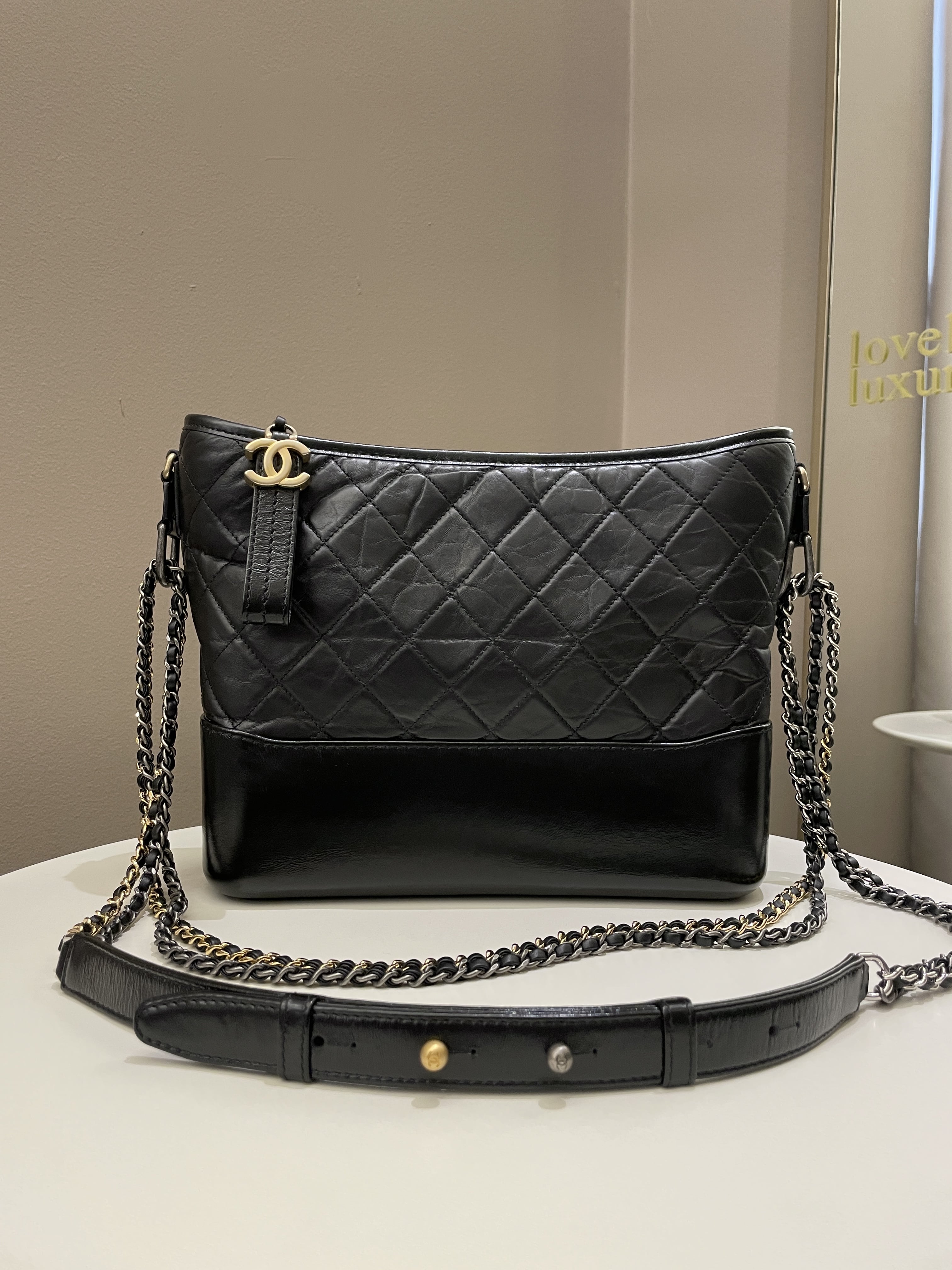 Chanel Quilted Gabrielle Hobo Black Aged Calfskin
