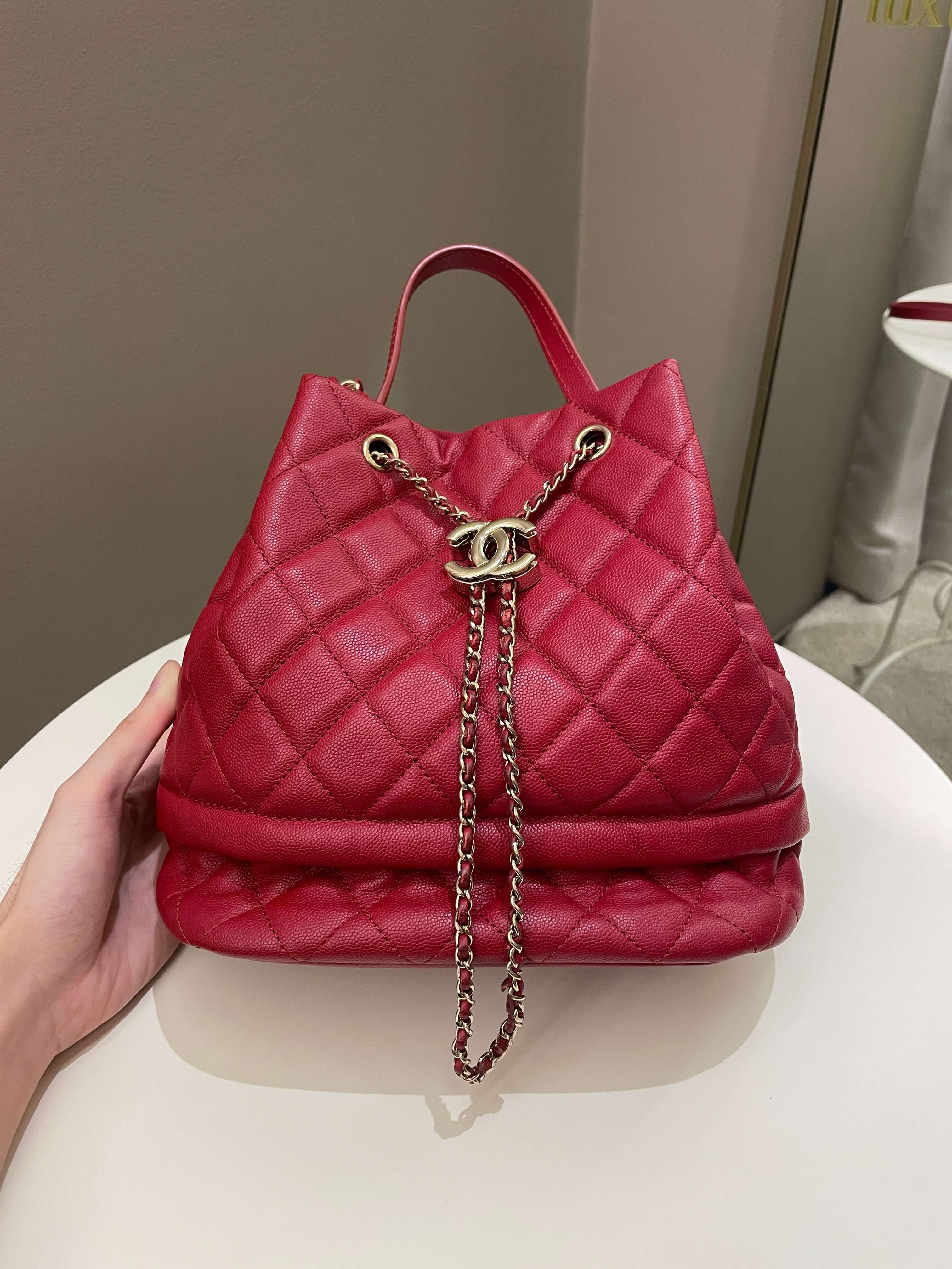 Chanel Rolled Up Bucket Drawstring Bag Red Caviar