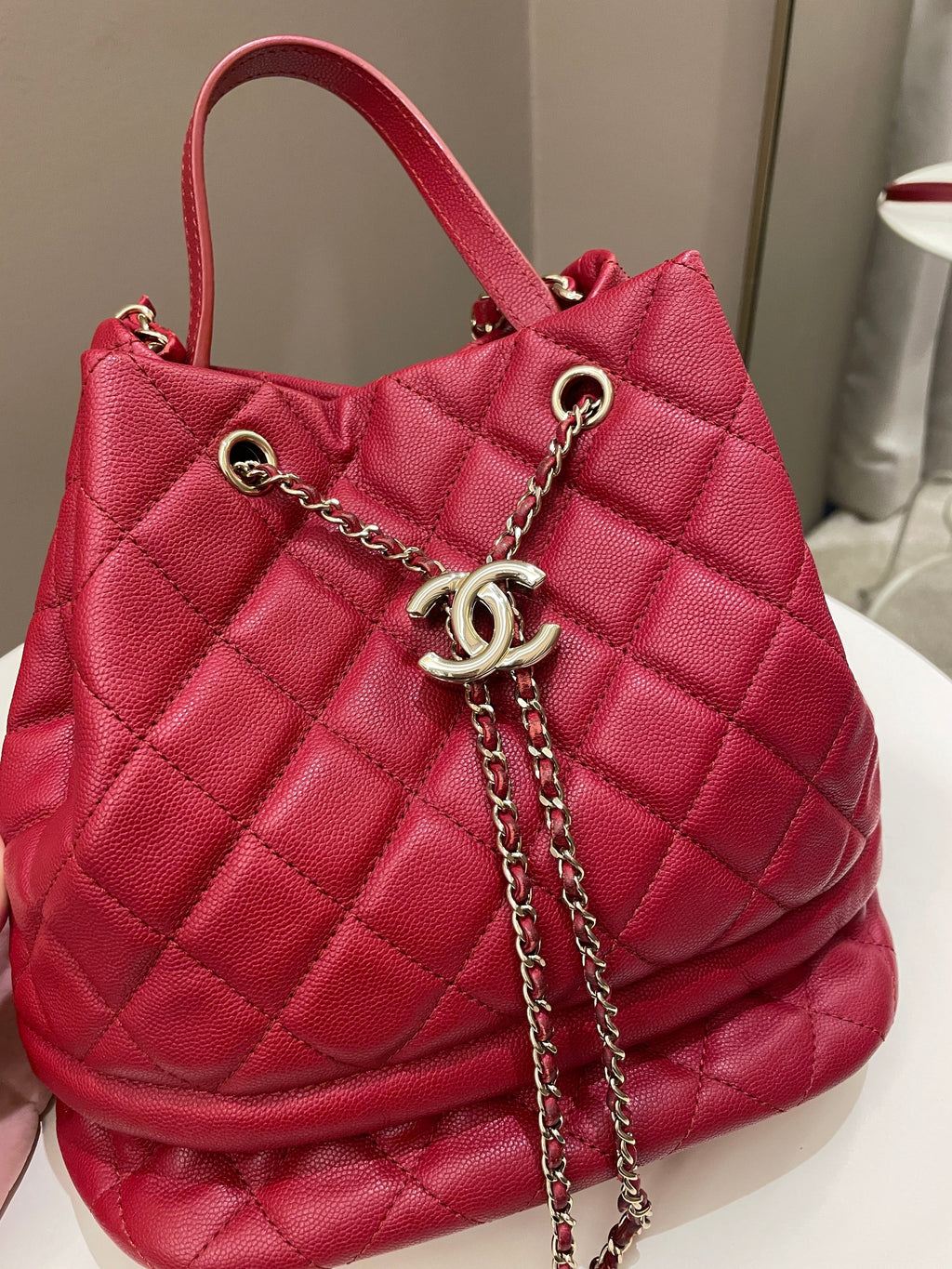 Chanel Rolled Up Bucket Drawstring Bag Red Caviar