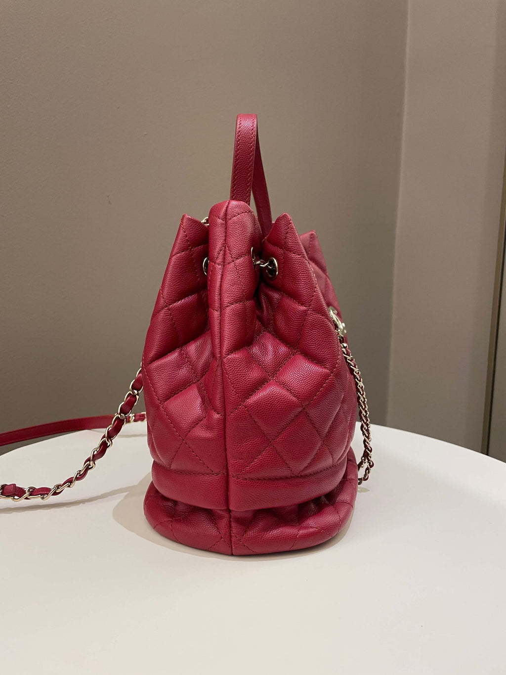 Chanel Rolled Up Bucket Drawstring Bag Red Caviar