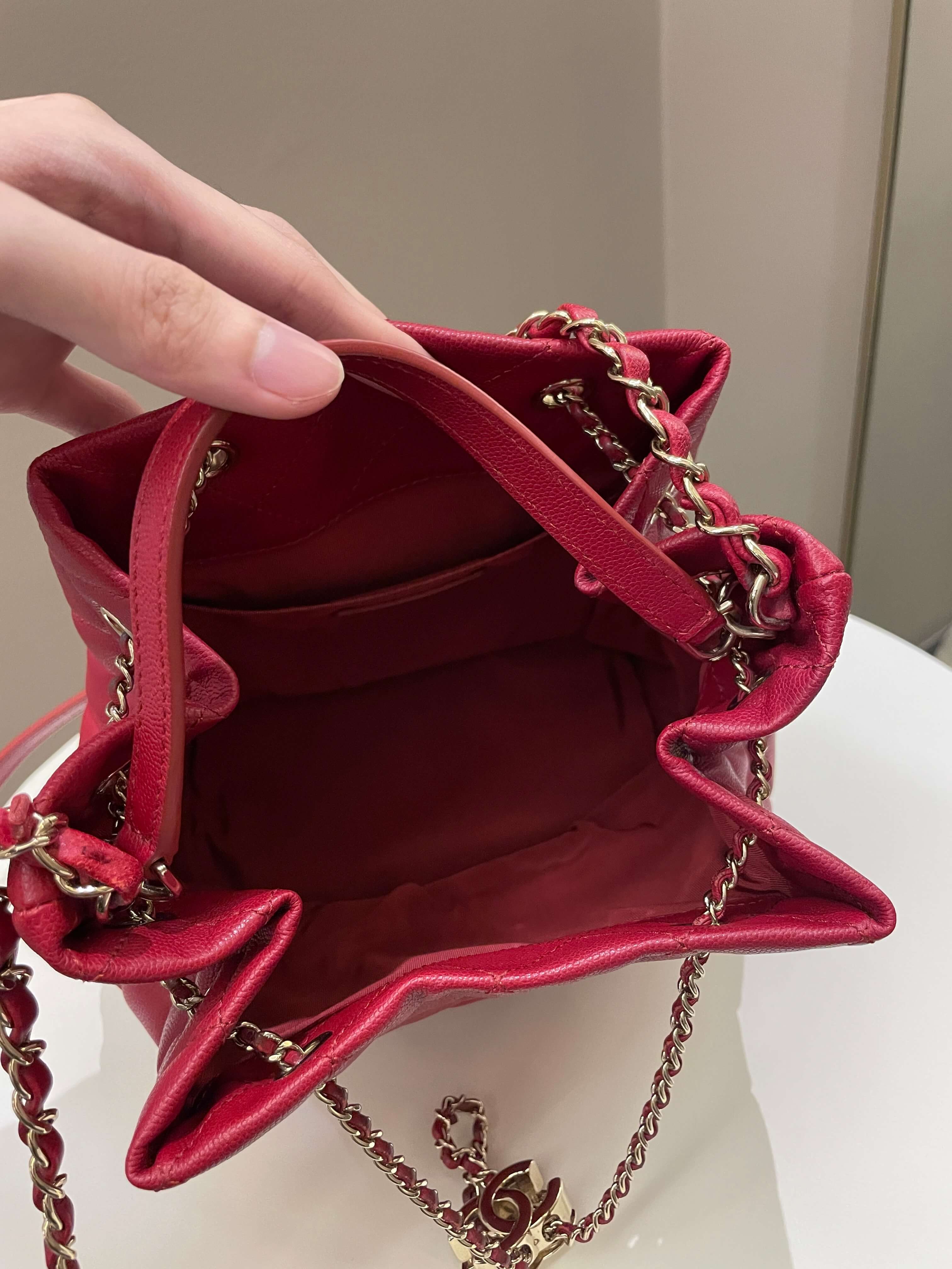 Chanel Rolled Up Bucket Drawstring Bag Red Caviar