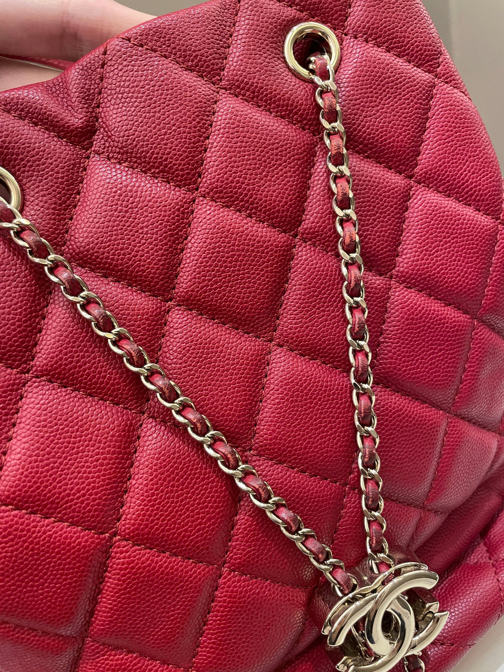 Chanel Rolled Up Bucket Drawstring Bag Red Caviar